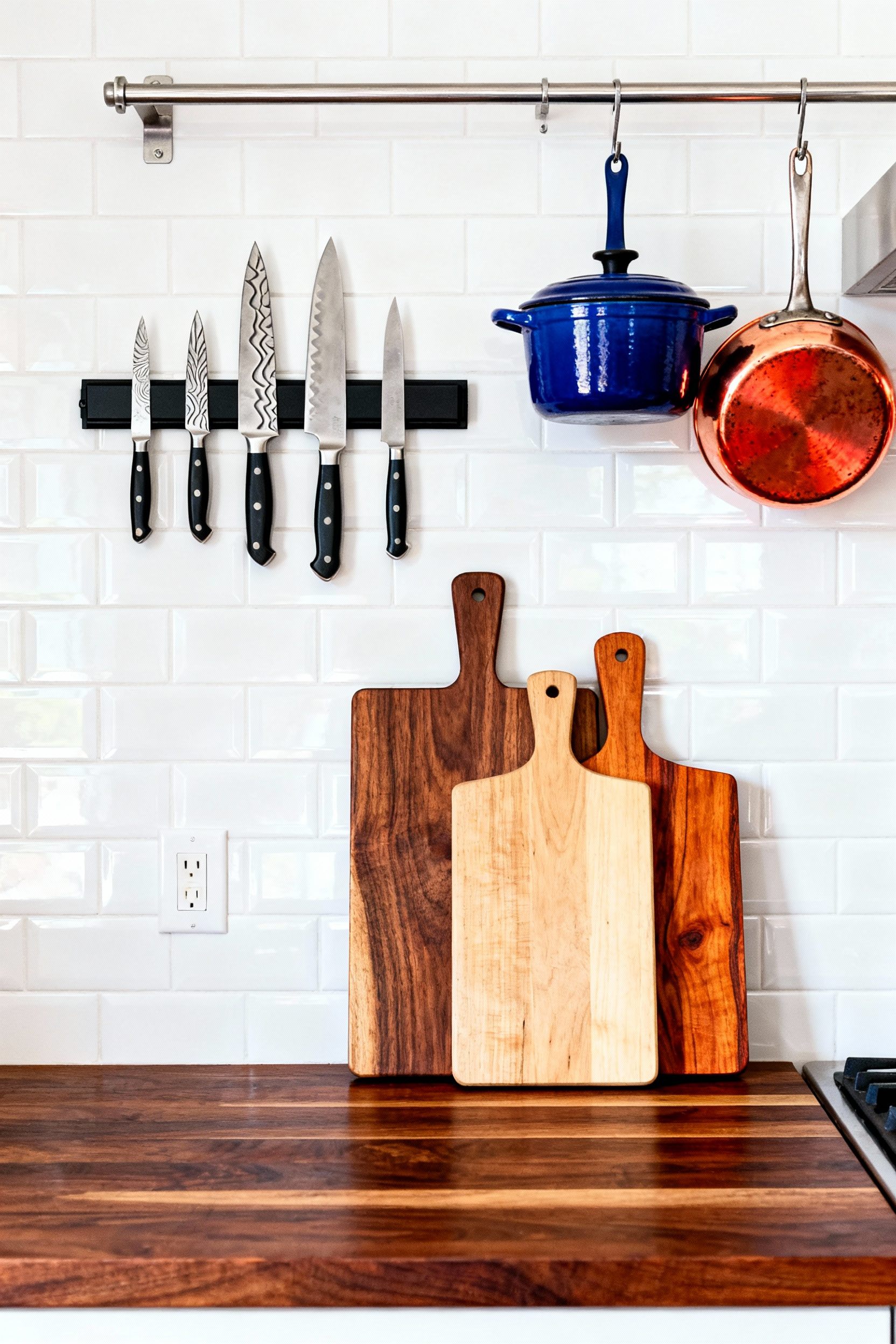 A small, highly organized kitchen workstation showcasing a magnetic knife strip, stacked sculptural wooden cutting boards, and hanging copper and blue cast iron pots as intentional decor.