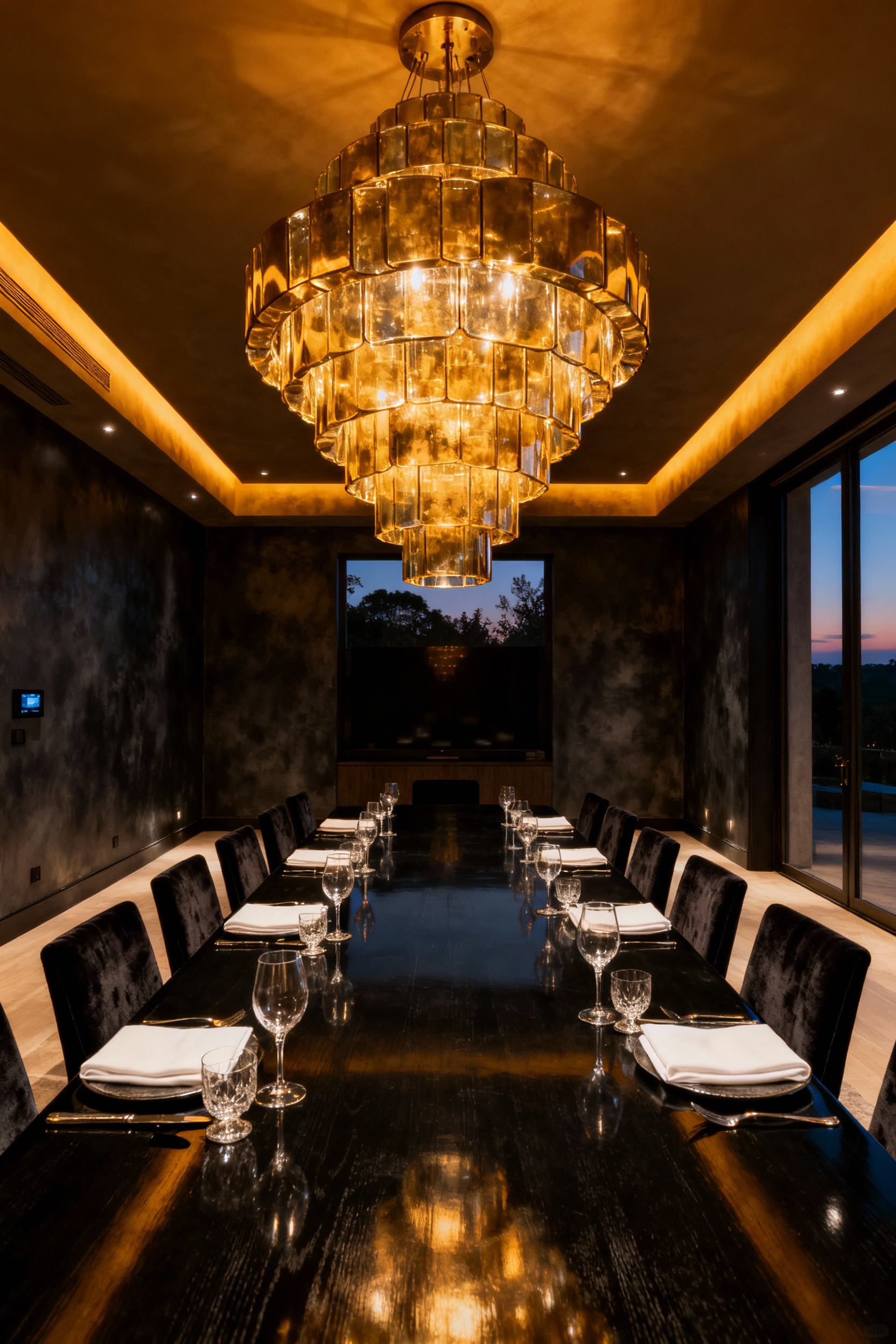 Luxurious dining room with warm, low-color temperature smart lighting scene active, demonstrating immersive hosting atmosphere created by integrated smart home presets.