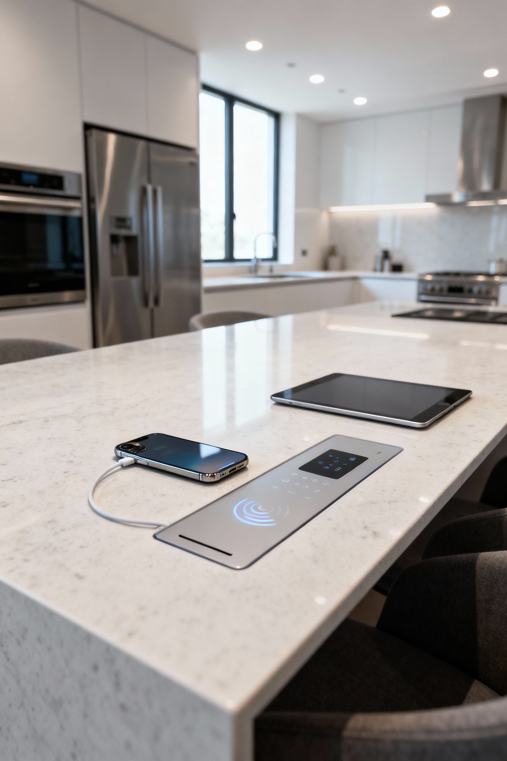 A modern kitchen table made of light quartz with a seamlessly integrated wireless charging pad and embedded control panel. A smartphone and tablet are charging wirelessly on its surface, set against a clean, high-end kitchen with natural lighting.