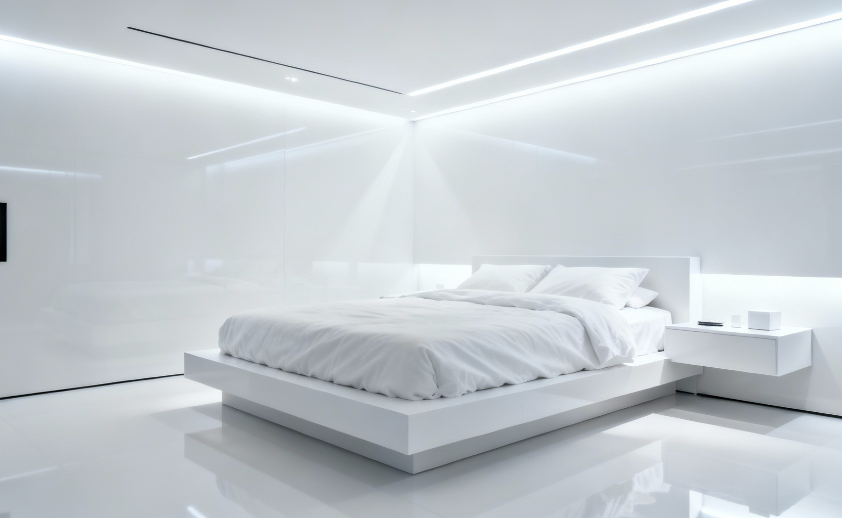 A stark, minimalist white bedroom exhibiting the 'Clinical Effect,' where pure, high-reflectivity white walls and linens create an unwelcoming, sterile, and alert atmosphere.