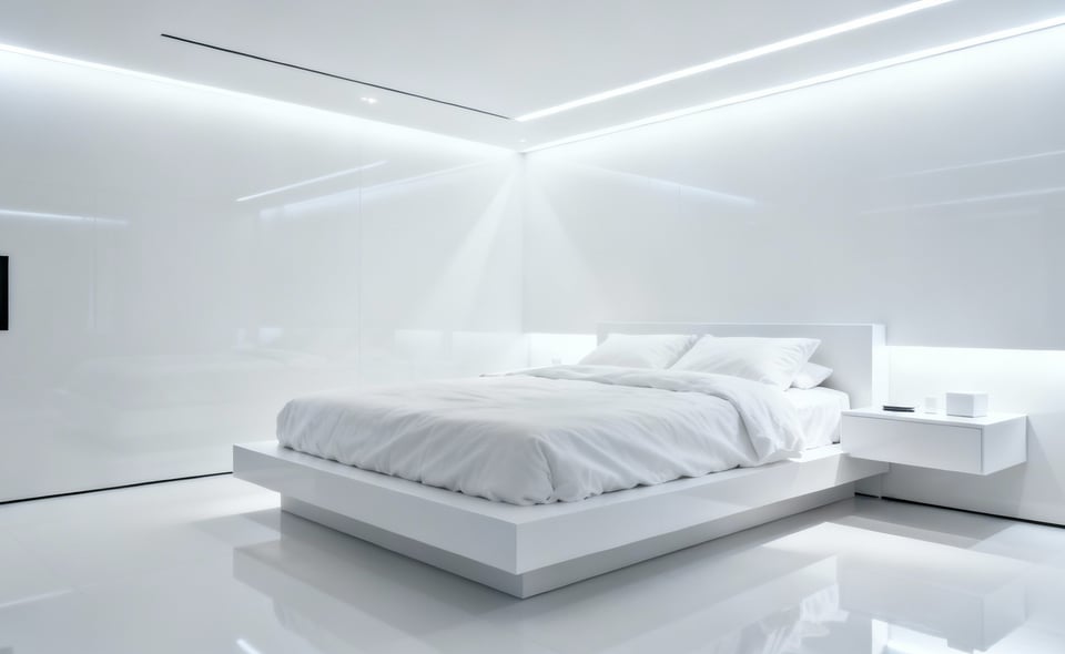 A stark, minimalist white bedroom exhibiting the 'Clinical Effect,' where pure, high-reflectivity white walls and linens create an unwelcoming, sterile, and alert atmosphere.