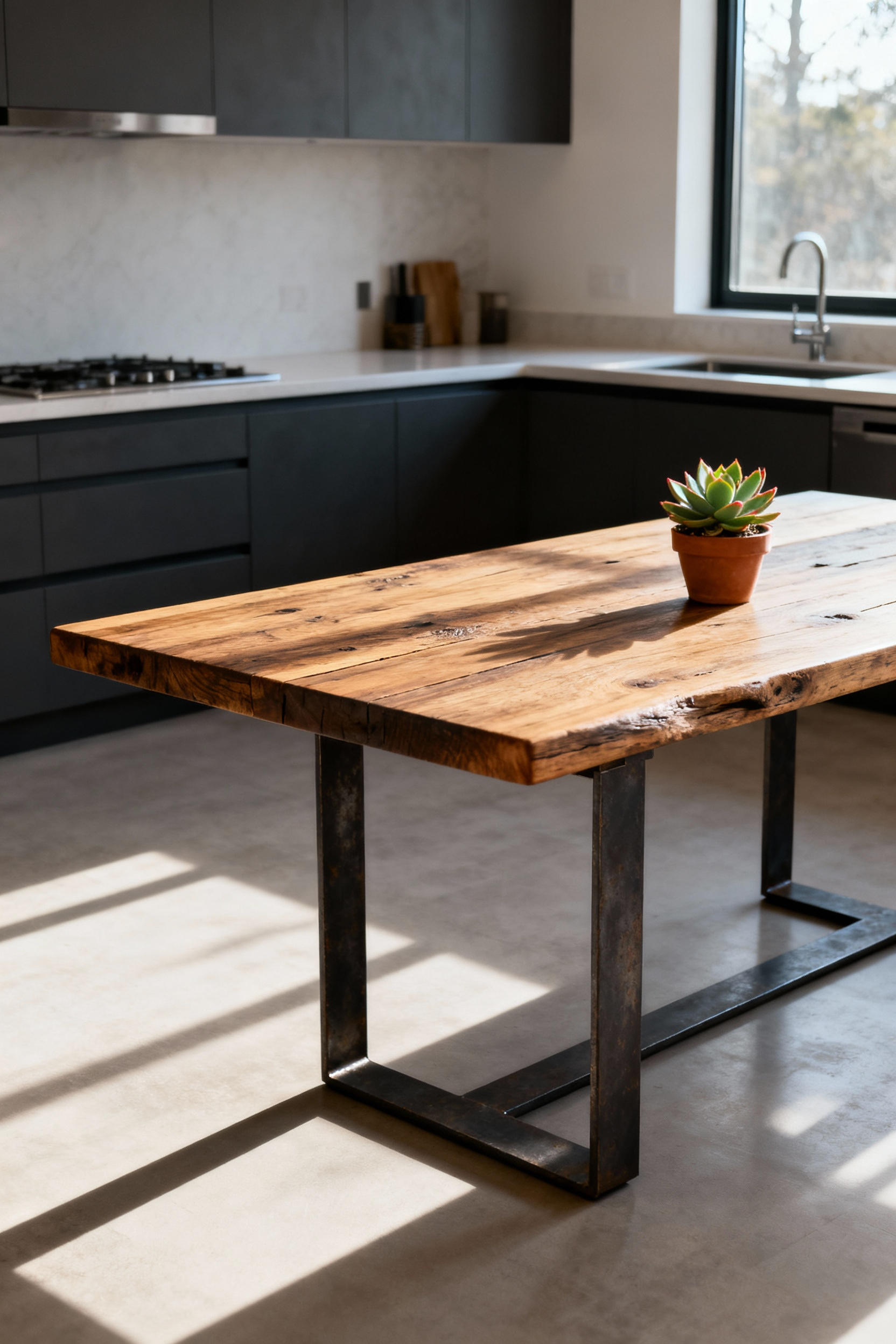 A modern kitchen table made from reclaimed wood and recycled metal, highlighting sustainable design principles in a well-lit, contemporary kitchen setting.