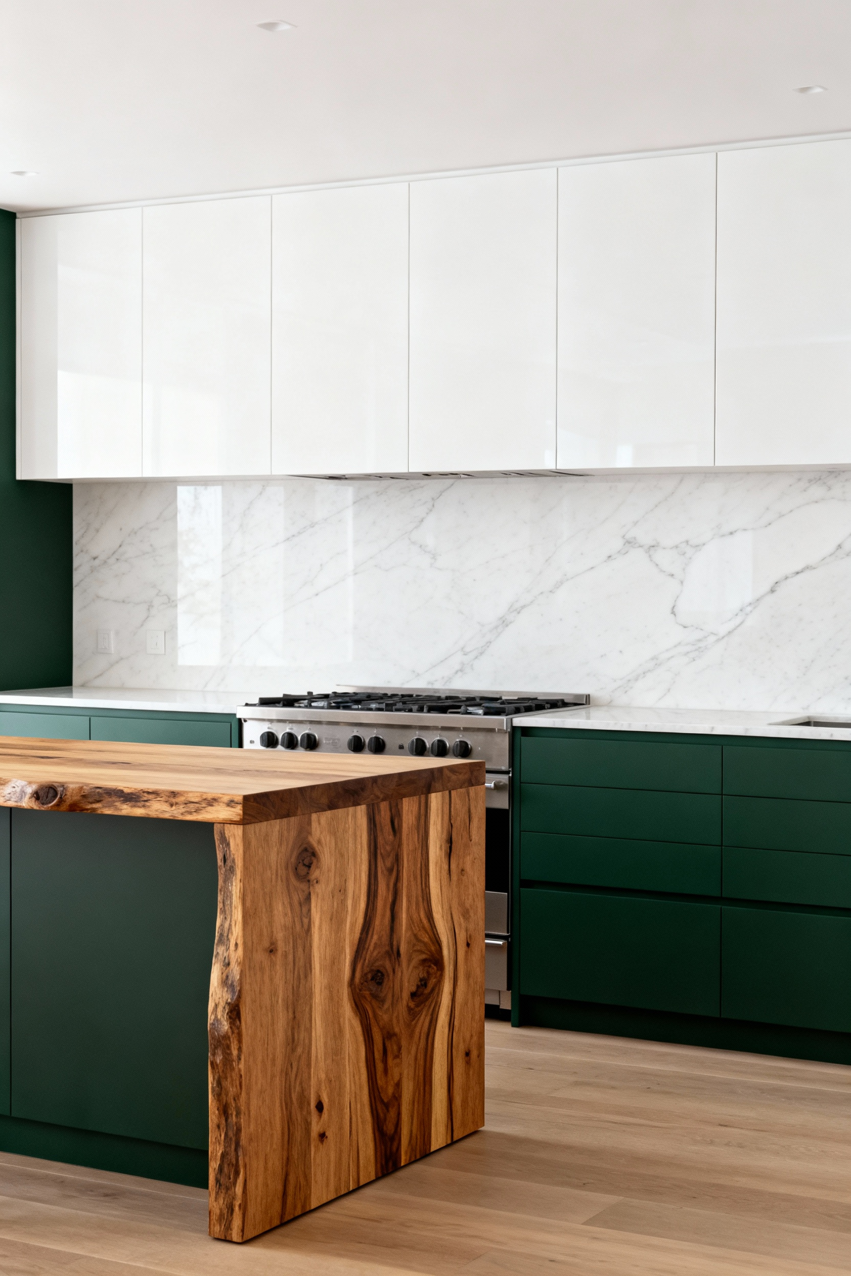 Modern kitchen with deep matte forest green lower cabinets, glossy white upper cabinets, a rough-sawn oak island, and a polished white marble backsplash, demonstrating integrated textural colors for enhanced sensory engagement.