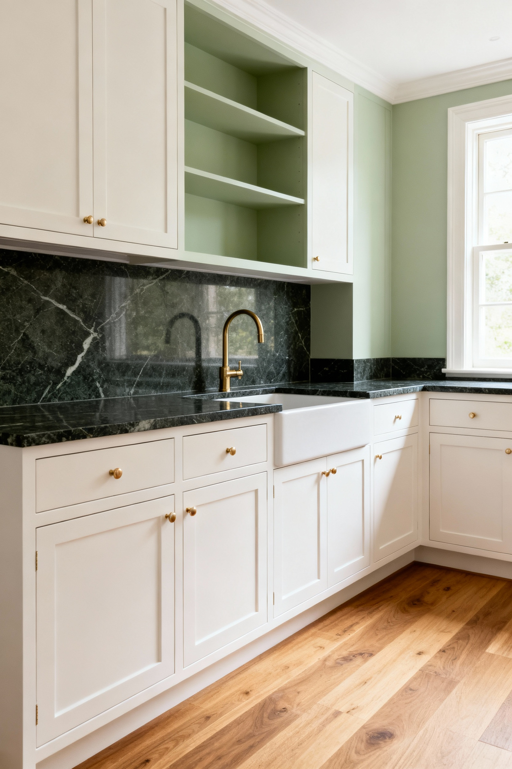 A timeless kitchen with creamy white Shaker cabinets, dark honed countertops, and sage green accents, showcasing enduring design.