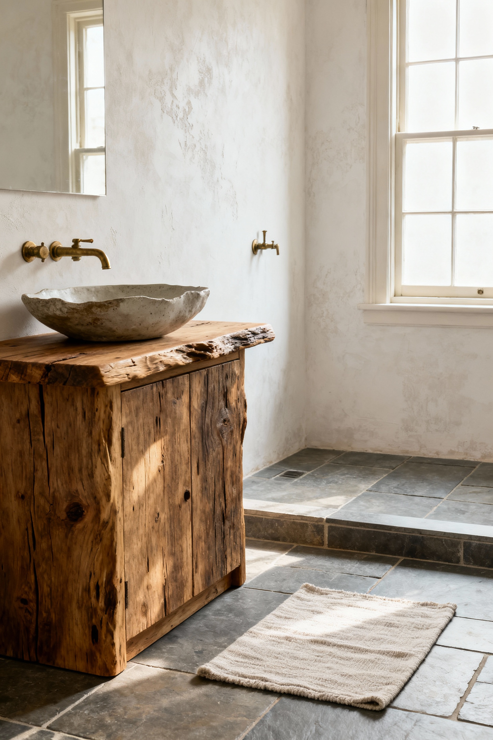 A Wabi-Sabi farmhouse bathroom featuring a reclaimed oak vanity, handcrafted ceramic sink, unlacquered brass faucets, limewash walls, and honed slate curbless shower floor, lit by soft natural light. No people.