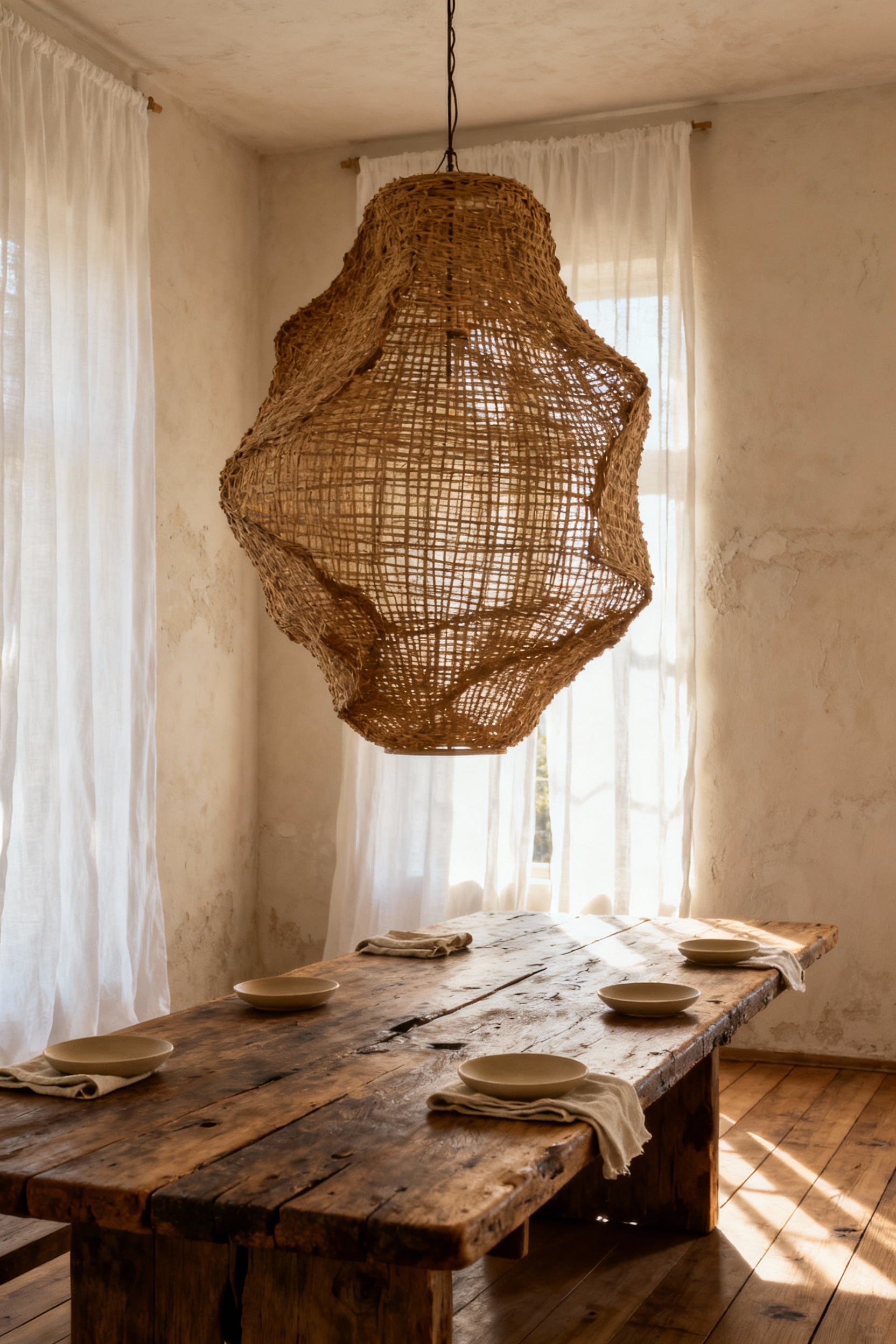 Oversized woven rattan pendant light fixture hanging over a natural wood dining table in a tranquil, Wabi-Sabi inspired dining room setting.
