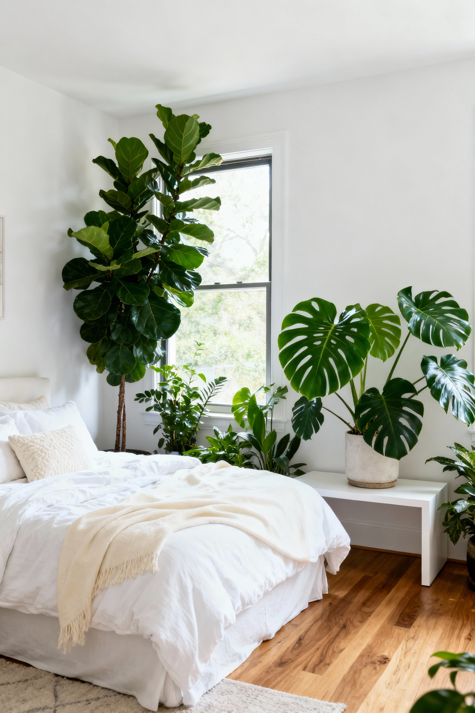 A bright, minimalist white bedroom featuring luxurious white linen bedding and crisp white walls. Several large, deep green plants, including a Fiddle Leaf Fig and a Monstera, provide a striking biophilic contrast, emphasizing tranquility and natural connection.