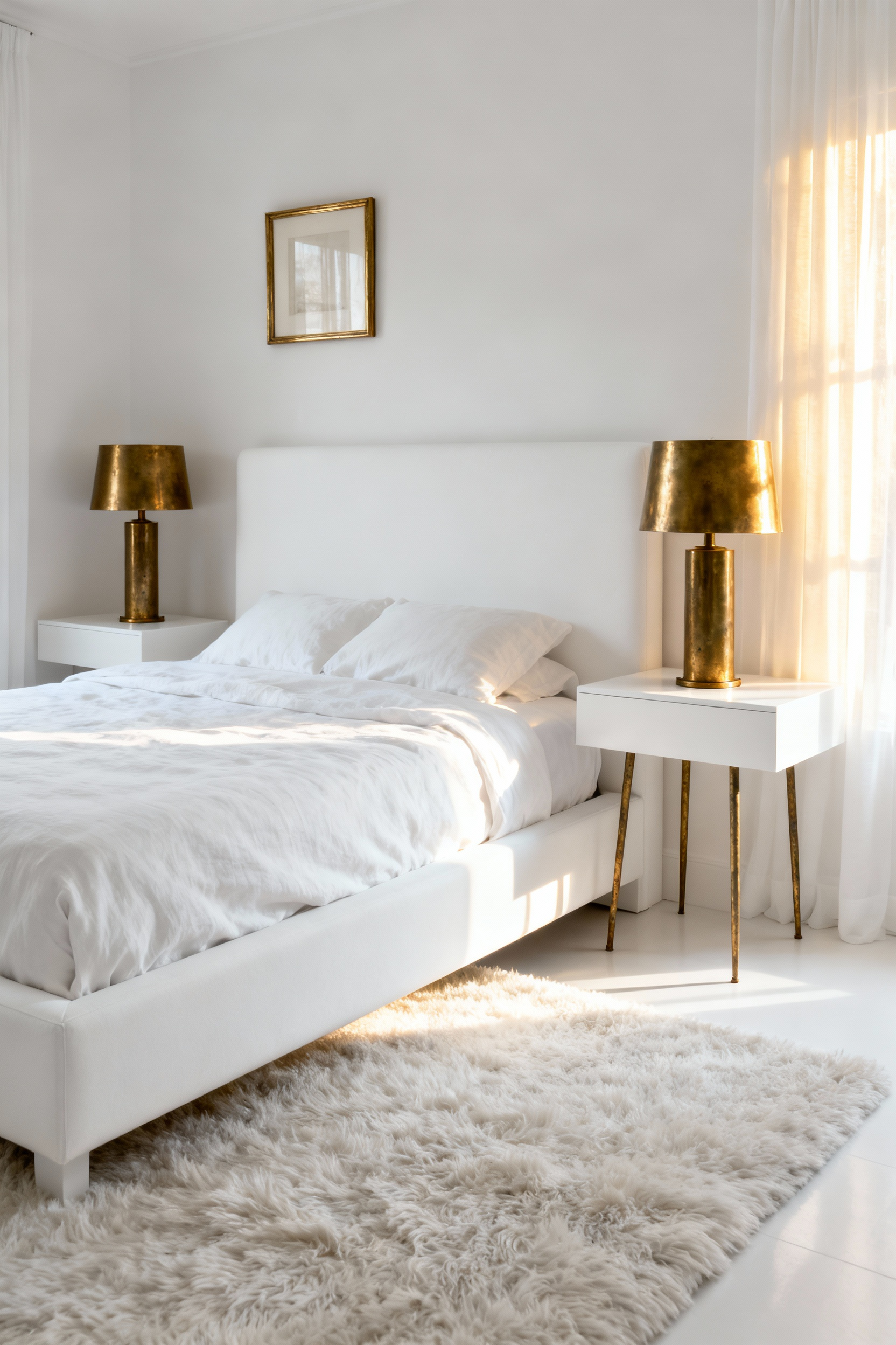 A high-key photograph of a luxury white bedroom featuring minimalist decor. Warm light highlights the rich brass hardware used on the table legs and lighting fixtures, demonstrating how warm metals counteract the coolness of the monochromatic design.