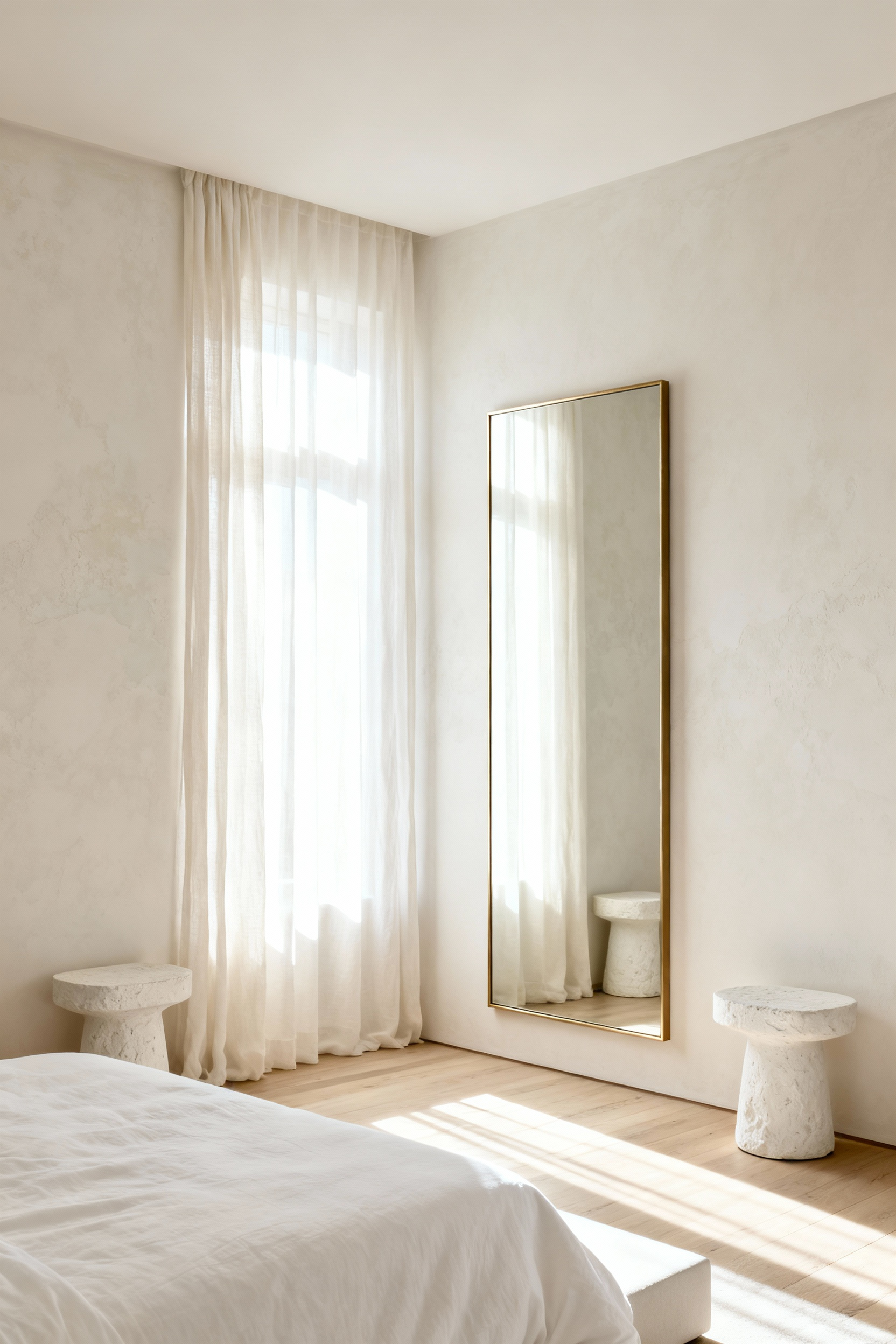 Detailed view of a minimalist white bedroom where a large mirror placed on a perpendicular wall softly reflects diffused morning sunlight, illuminating the space without producing any glare.