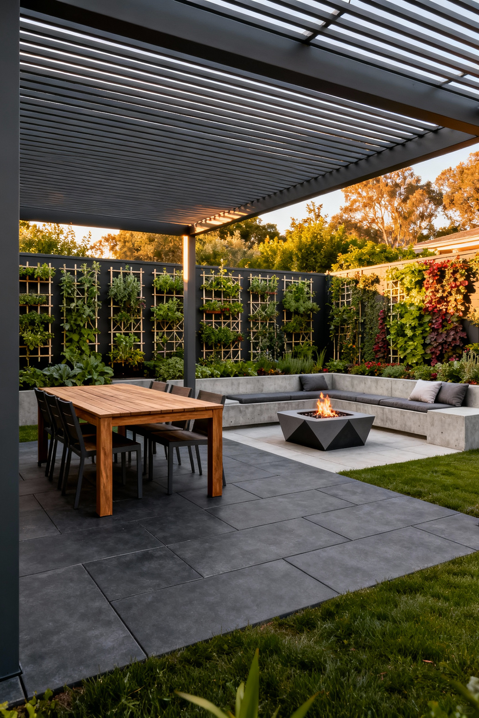High-design backyard featuring zoned outdoor rooms, including a dining patio and lounge area, replacing a traditional lawn with modern hardscaping and extensive living vertical gardens.