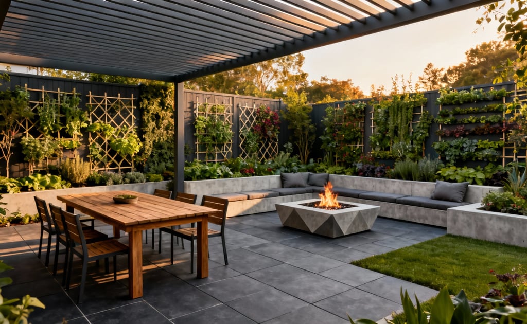 High-design backyard featuring zoned outdoor rooms, including a dining patio and lounge area, replacing a traditional lawn with modern hardscaping and extensive living vertical gardens.