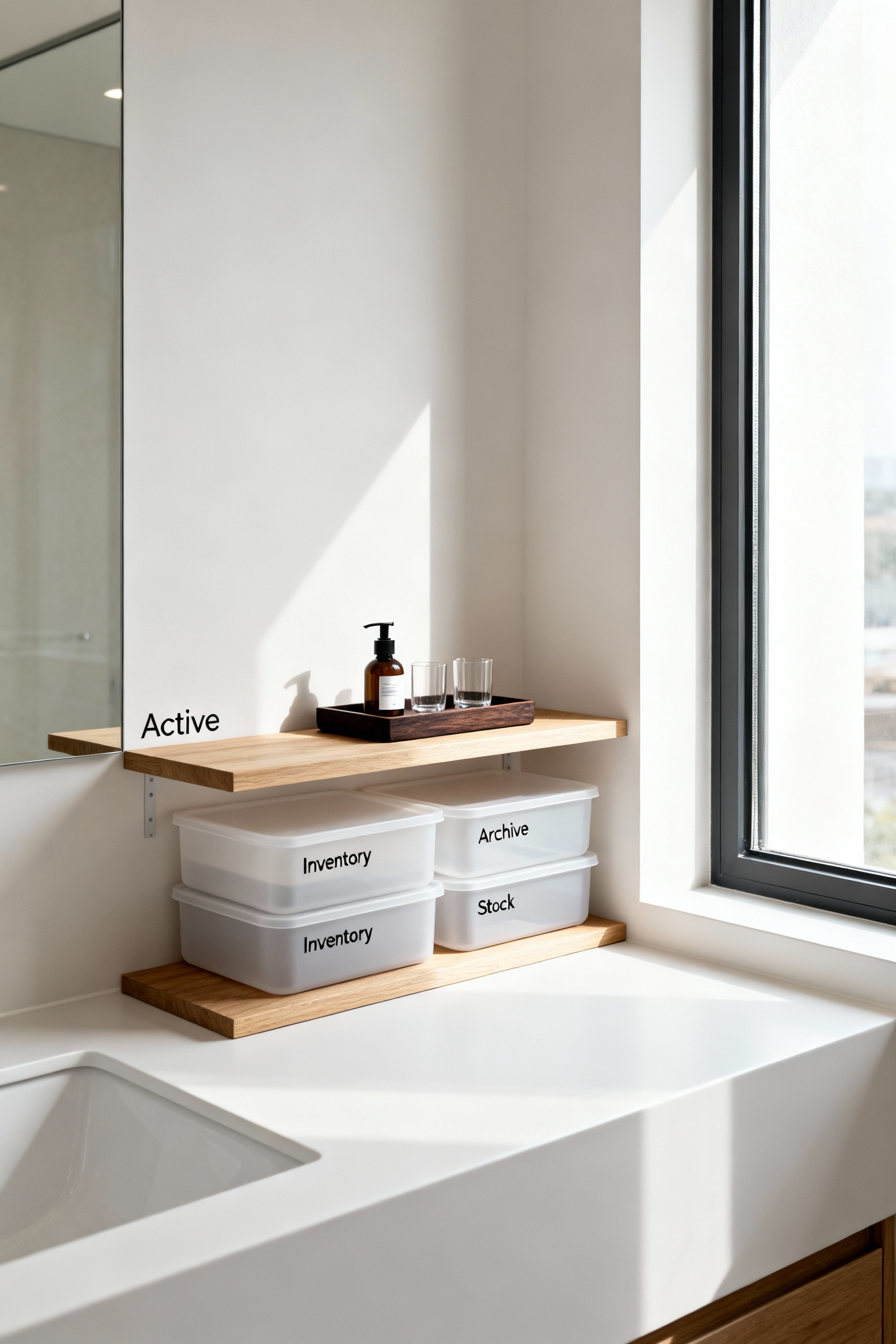 Two tiers of bathroom floating shelves demonstrating the 'Active vs. Archive' organization method, featuring daily essentials exposed on the top shelf and bulk stock sealed in opaque bins below.