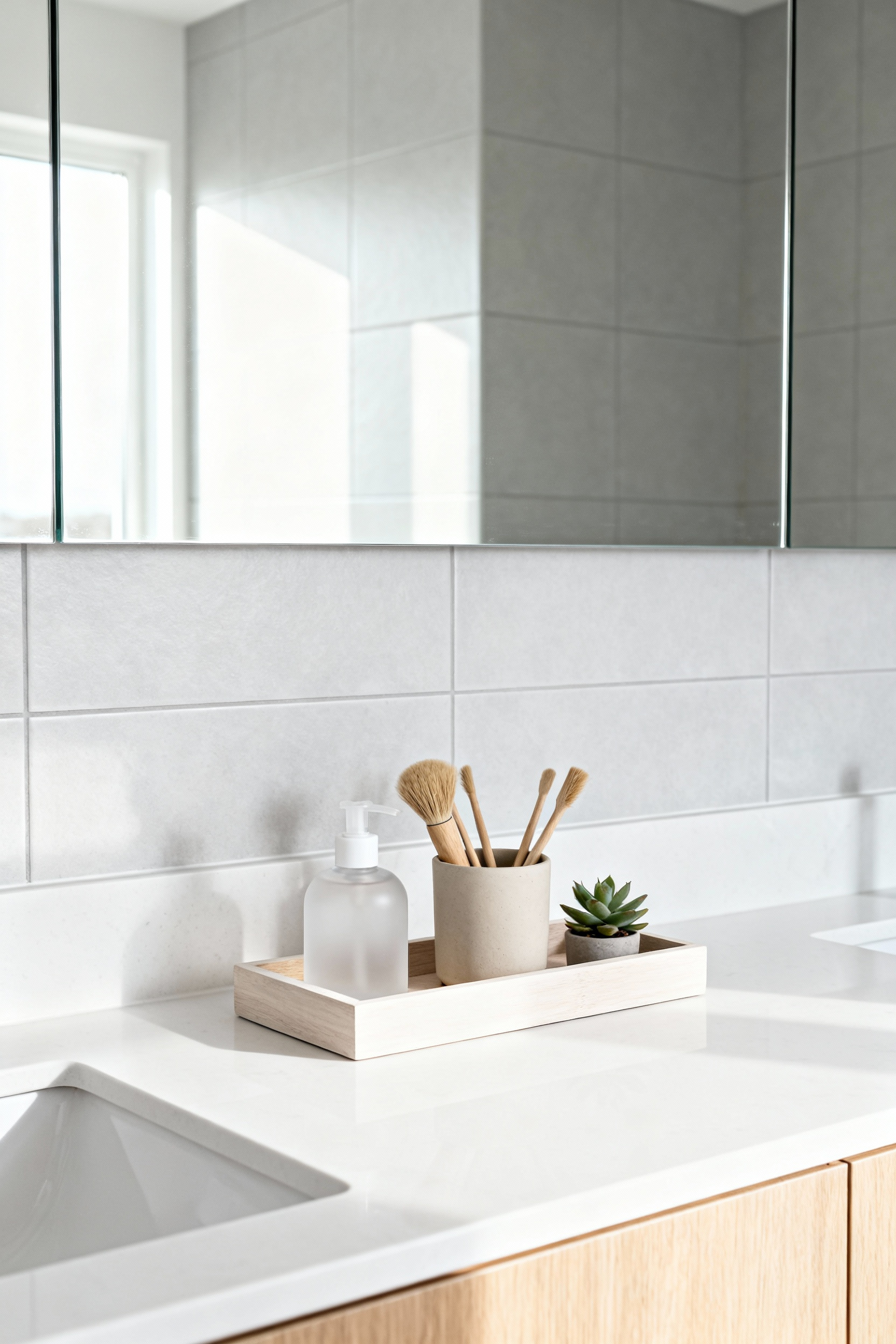A photograph of a bright bathroom vanity where essentials are contained within a pale wooden tray corral on a white quartz countertop, creating a unified, clutter-free look.