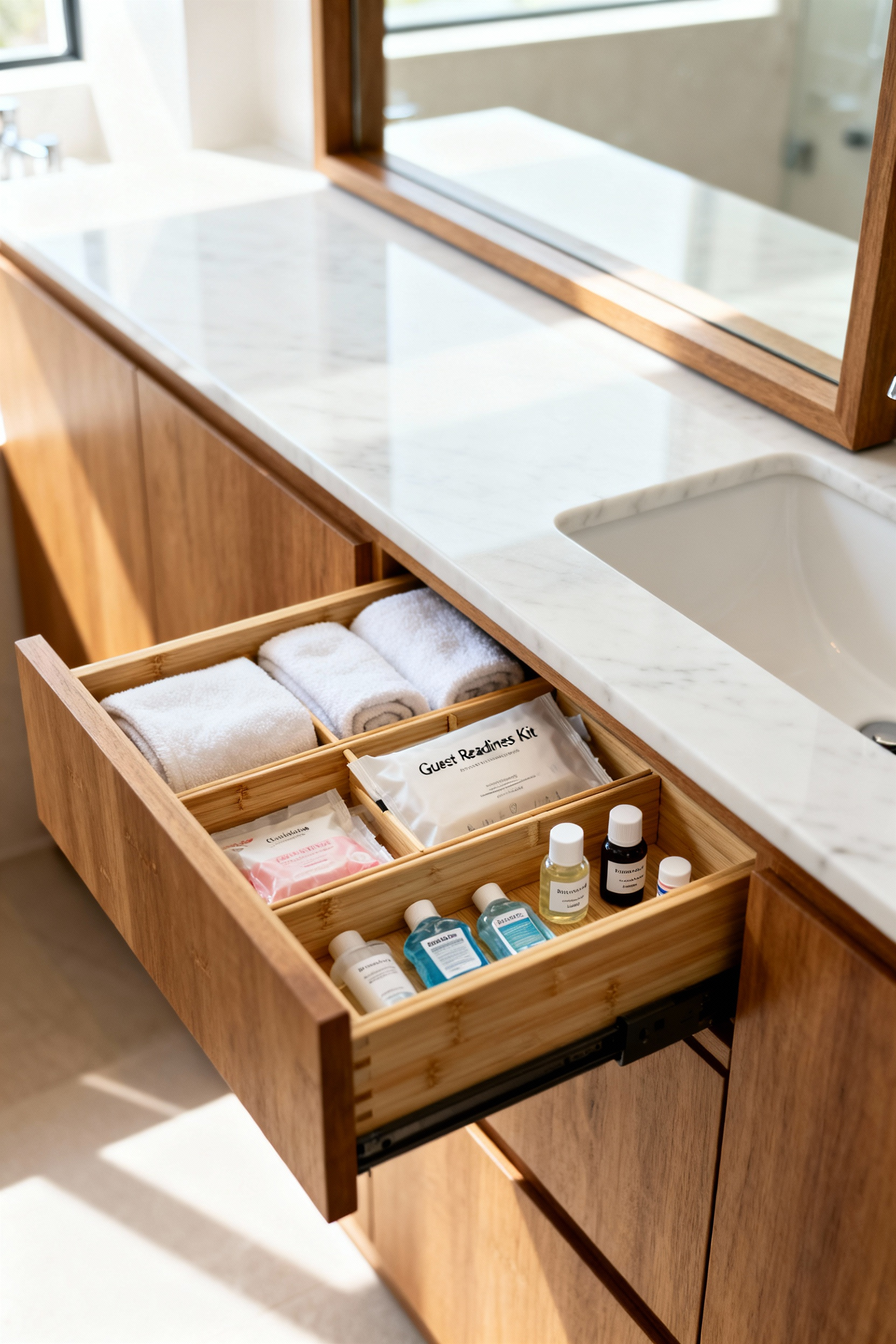 Organized open vanity drawer in a clean modern bathroom revealing a guest hospitality kit with segregated travel toiletries, pain relievers, and hygiene products utilizing bamboo dividers.