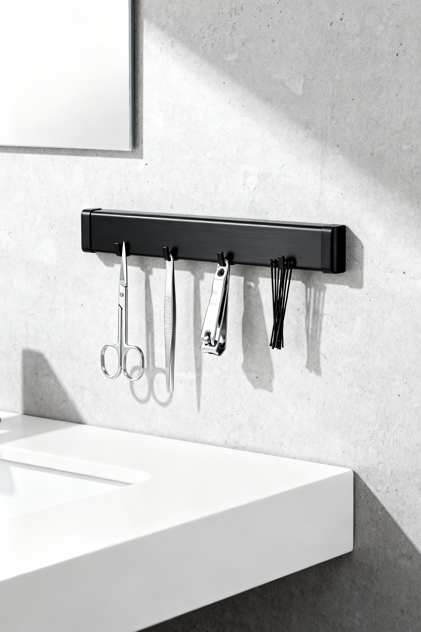 A modern bathroom wall featuring a repurposed kitchen magnetic knife strip used to organize small metal grooming tools like silver tweezers, nail clippers, and black bobby pins.