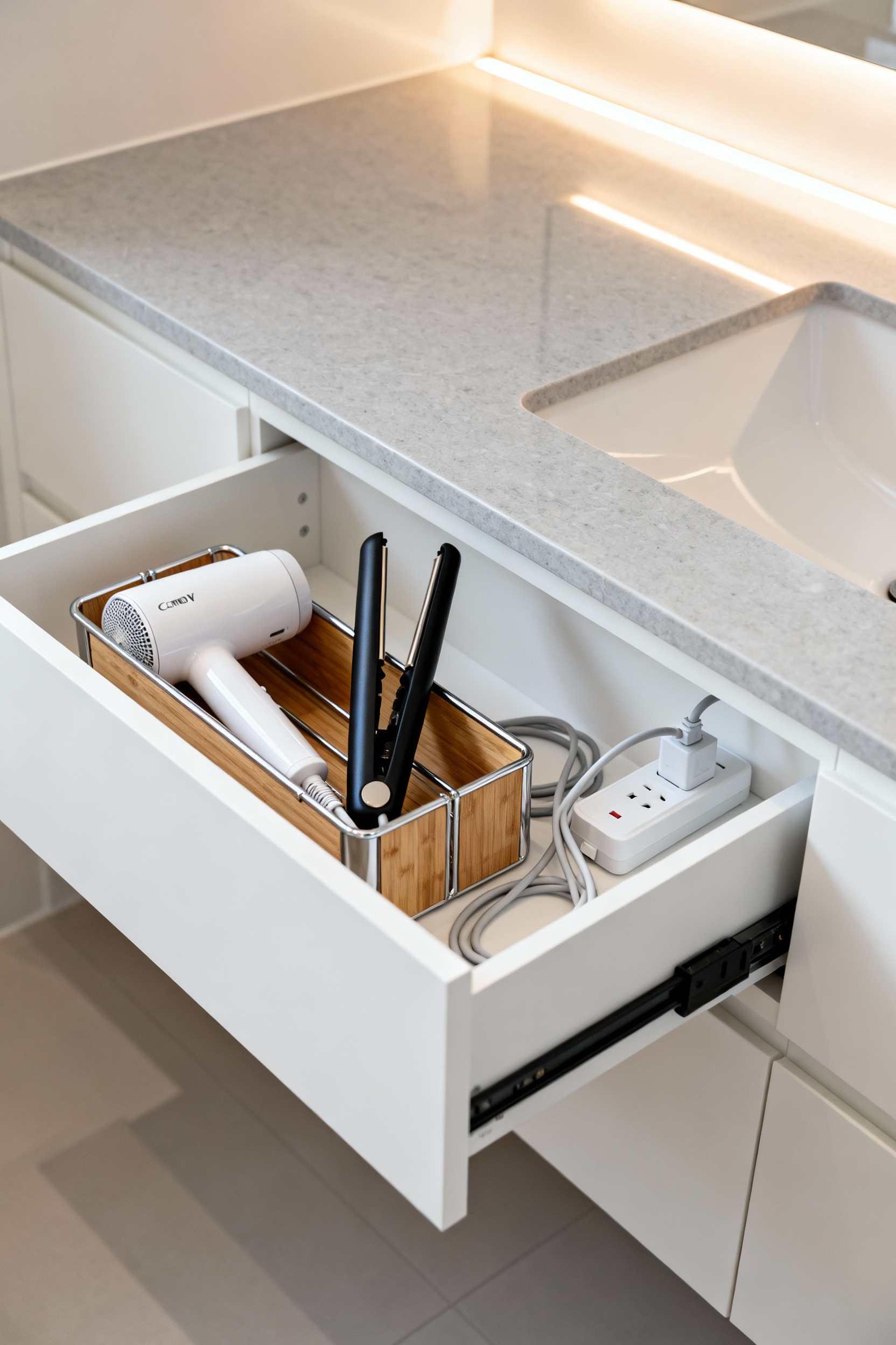 A modern bathroom vanity featuring a drawer pulled open, revealing an integrated electrical power outlet system allowing styling tools like a hair dryer and flat iron to remain permanently plugged in for superior cord organization.
