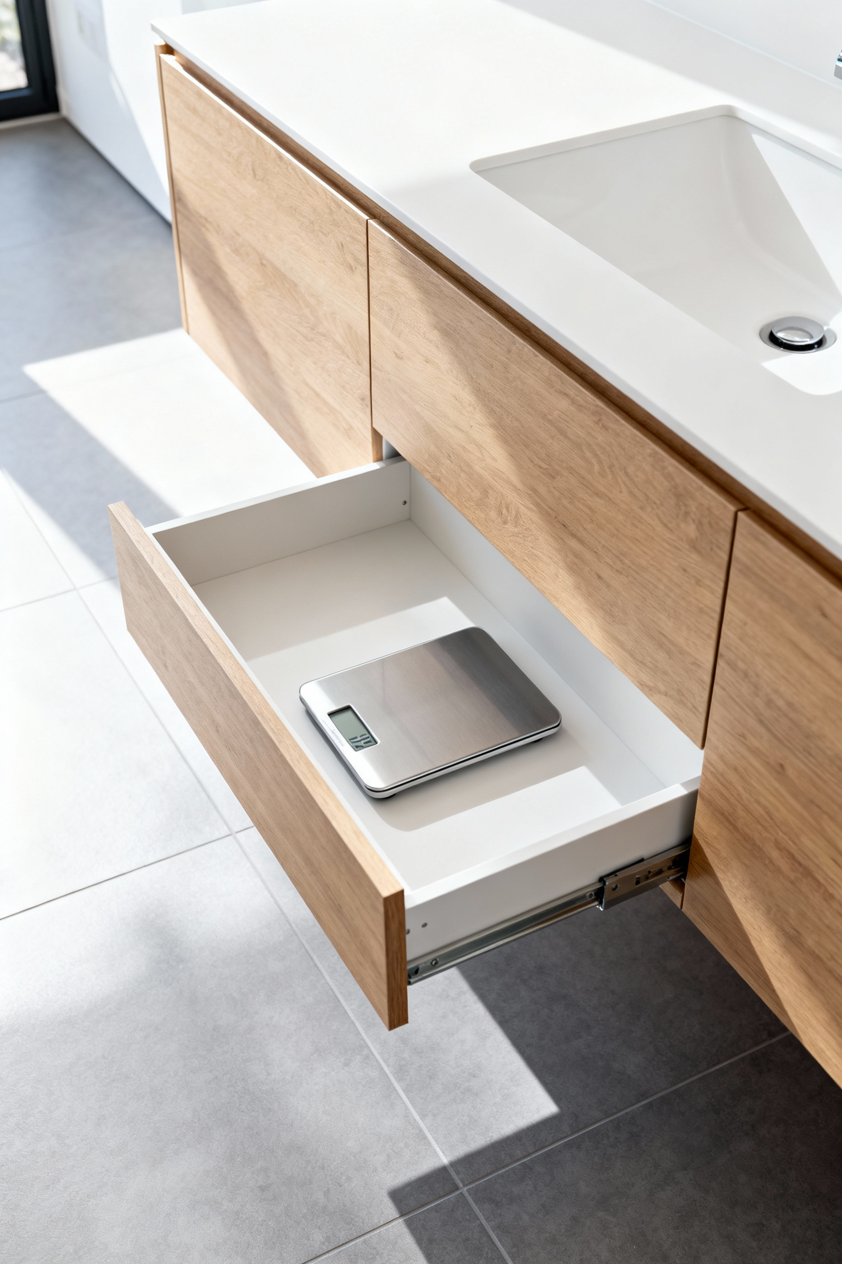 Modern bathroom vanity showing an integrated toe-kick storage drawer slightly open to reveal a flat digital bathroom scale, maximizing previously dead space.