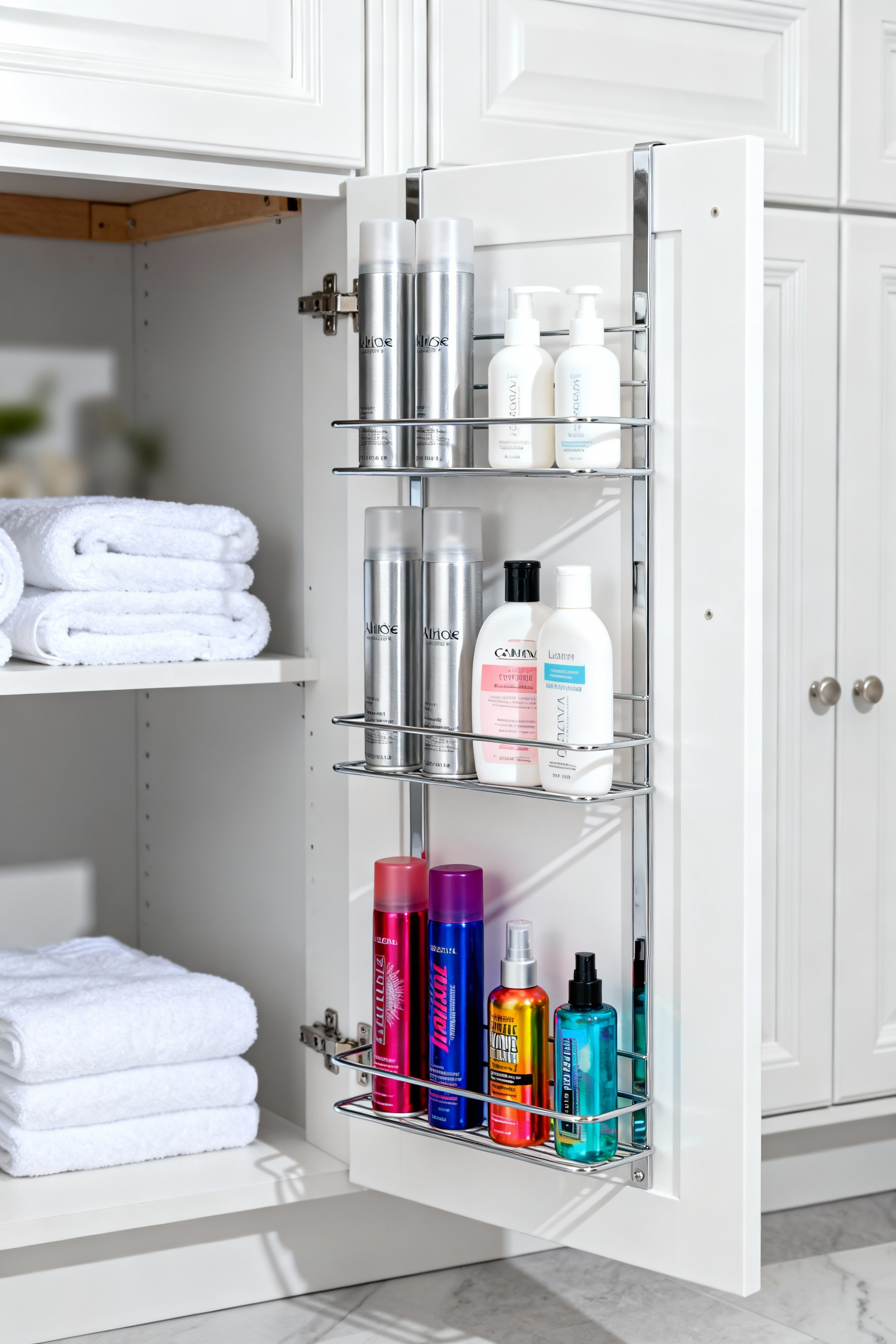 A photograph of an open white bathroom cabinet door utilizing a mounted chrome pantry rack system for storing tall hair products and slender lotion bottles, illustrating vertical organization.