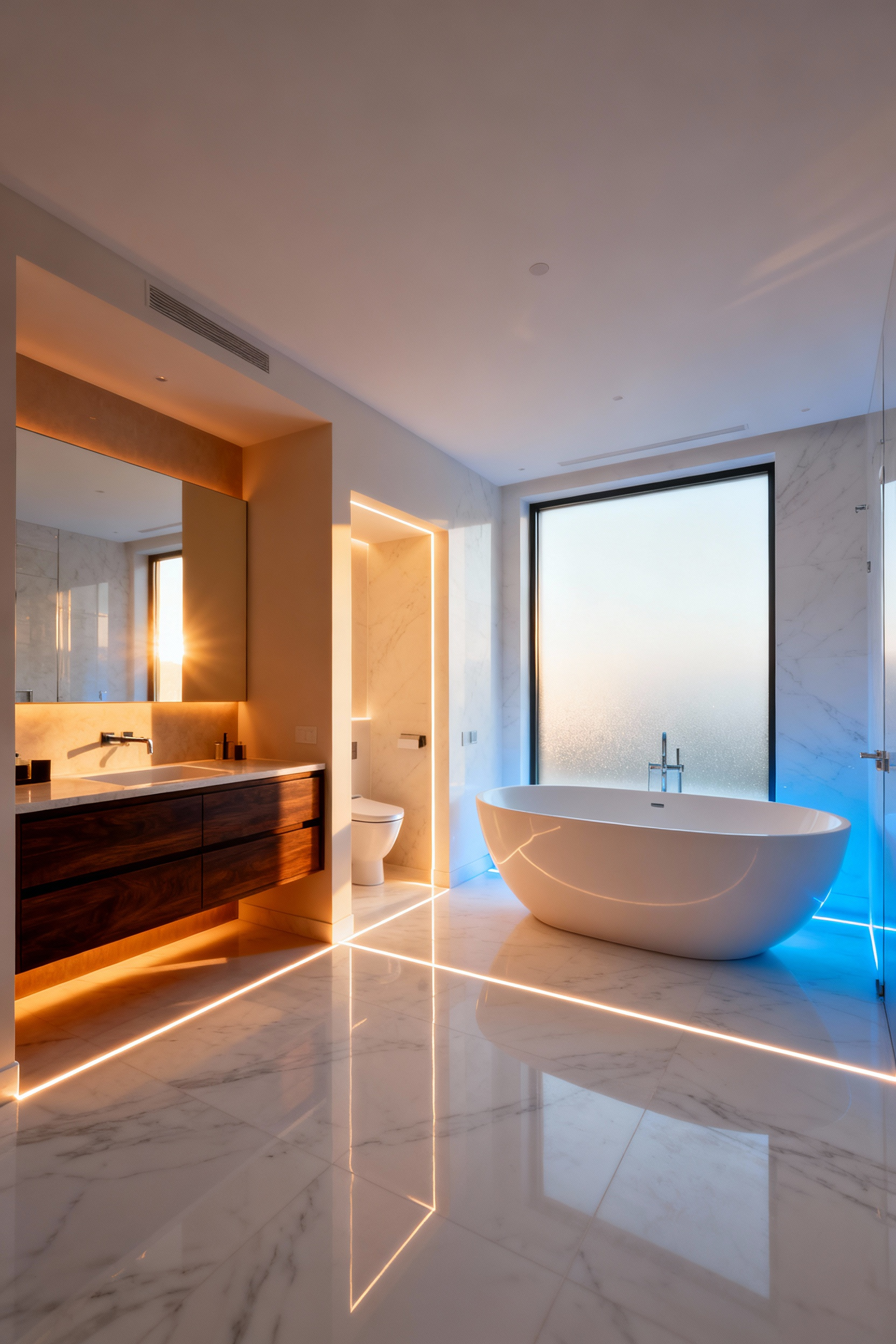 Wide-angle photograph of a luxury modern bathroom divided conceptually into three strategic activity zones (Vanity Zone, Wet Zone, Toilet Zone) using subtle architectural lighting markers on the floor.