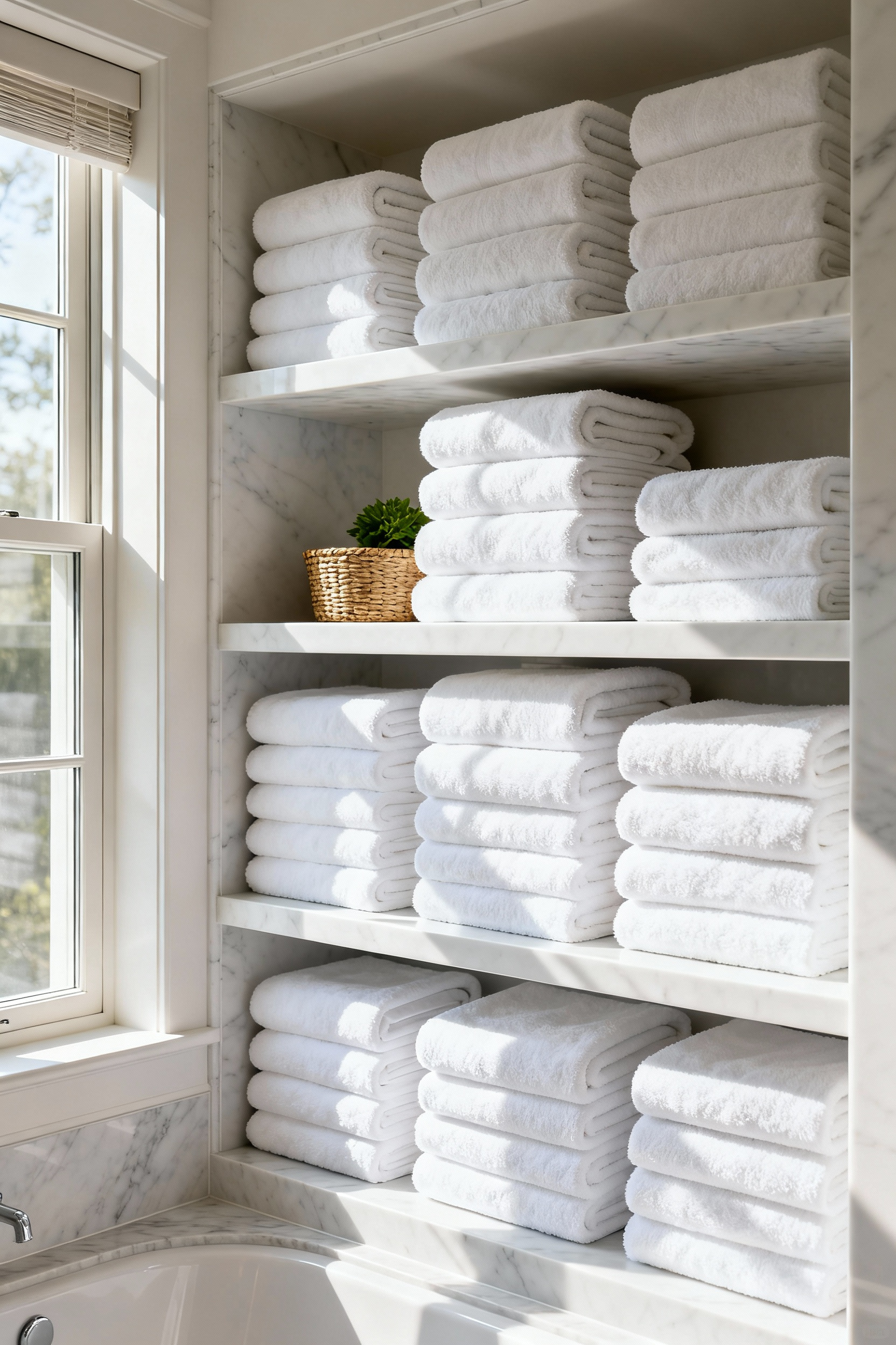 Perfectly folded white bath towels stacked using the precise hotel trifold technique on white marble shelves, demonstrating structural stability and maximized capacity in a minimalist bathroom setting.