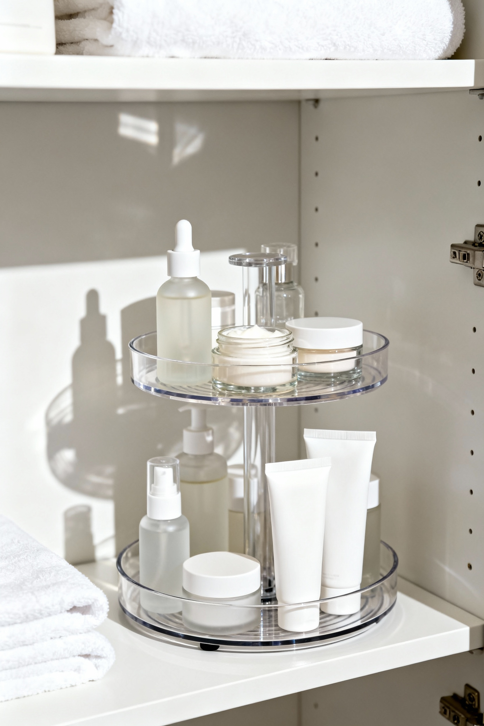 A clear acrylic Lazy Susan organizer filled with organized skincare products (serums, jars, masks) on a deep white linen closet shelf, demonstrating corner optimization.