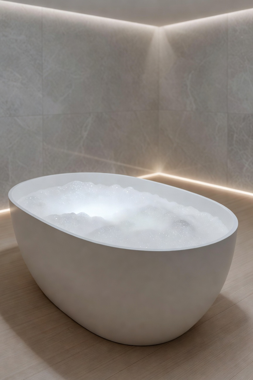 A modern, freestanding white bathtub filled with milky, dense microbubble-saturated water in a minimalist spa setting with marble walls and wood floors.