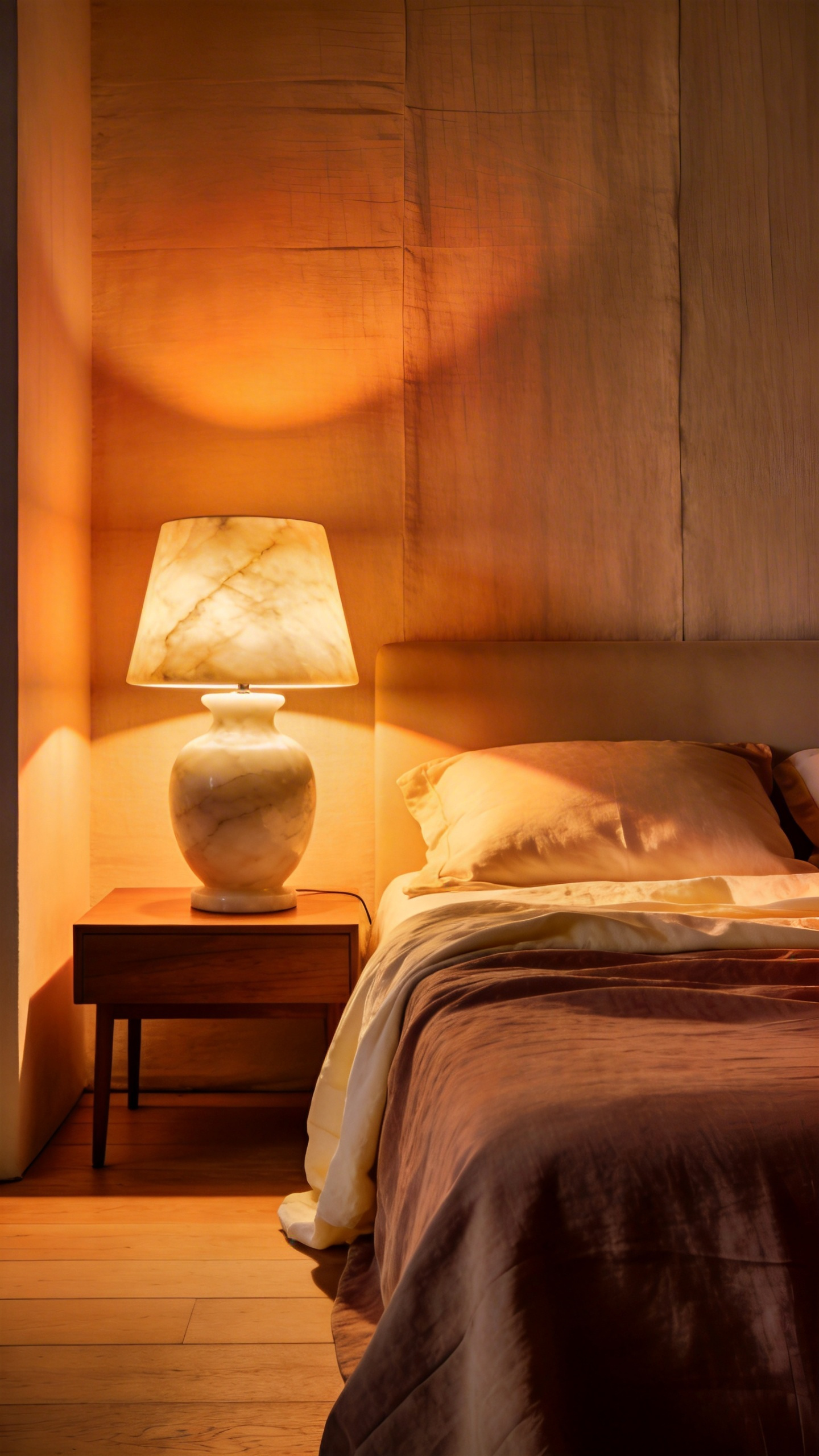 A serene bedroom interior featuring a glowing alabaster table lamp diffusing soft, warm light over linen bedding and a minimalist walnut bedside table, illustrating effective light diffusion.