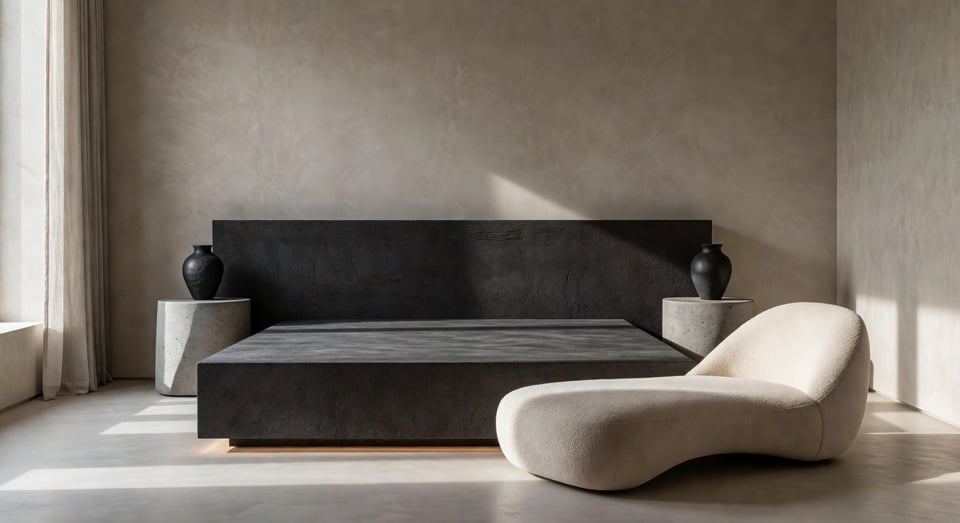 A modern, high-design bedroom interior where minimalist furniture is treated as sculptural art, featuring a monumental platform bed, asymmetrical concrete nightstands, and dramatic, high-contrast lighting emphasizing form.