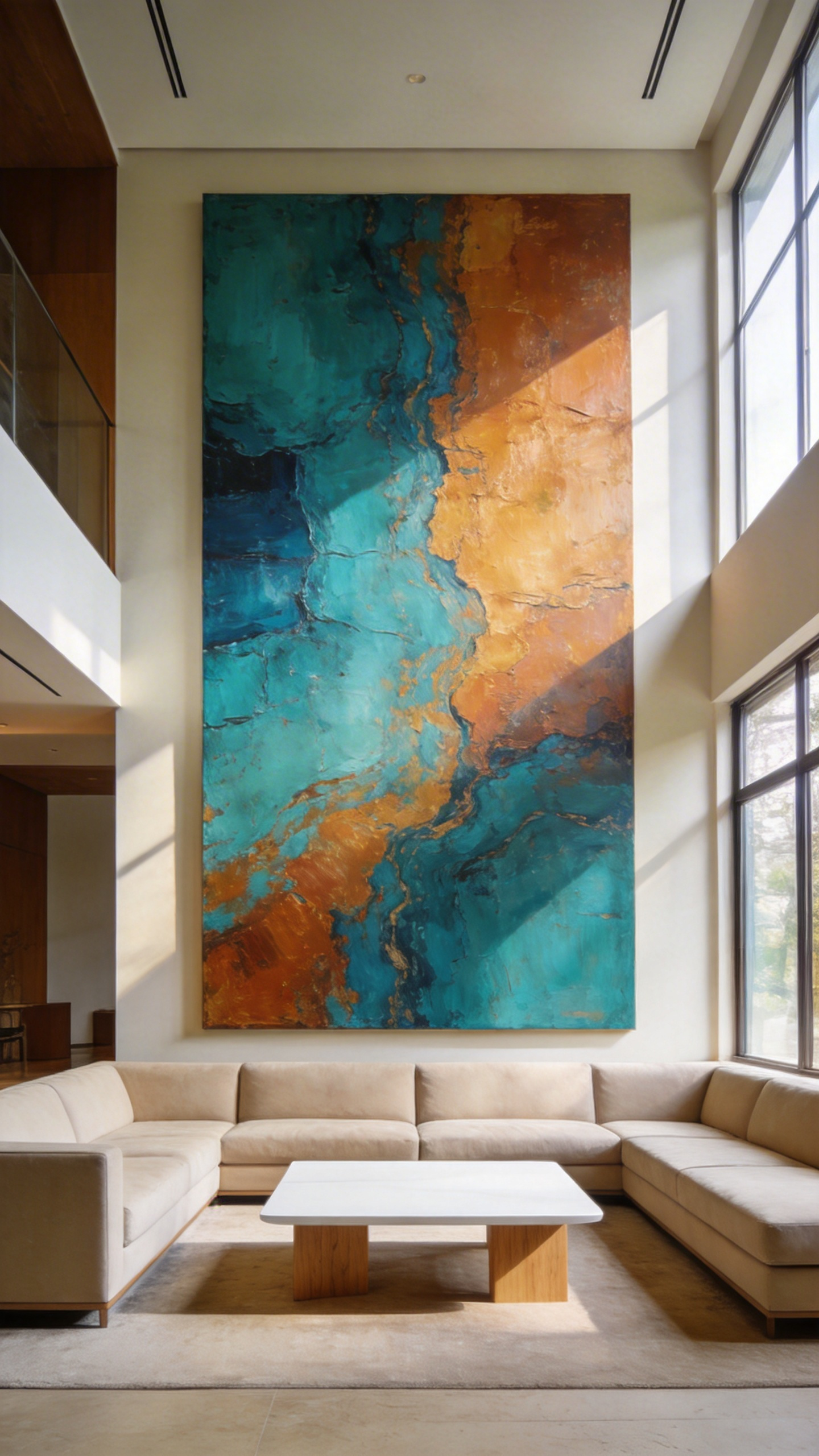 A minimalist living room with neutral low-profile furniture facing a large colorful abstract painting on a focal wall.