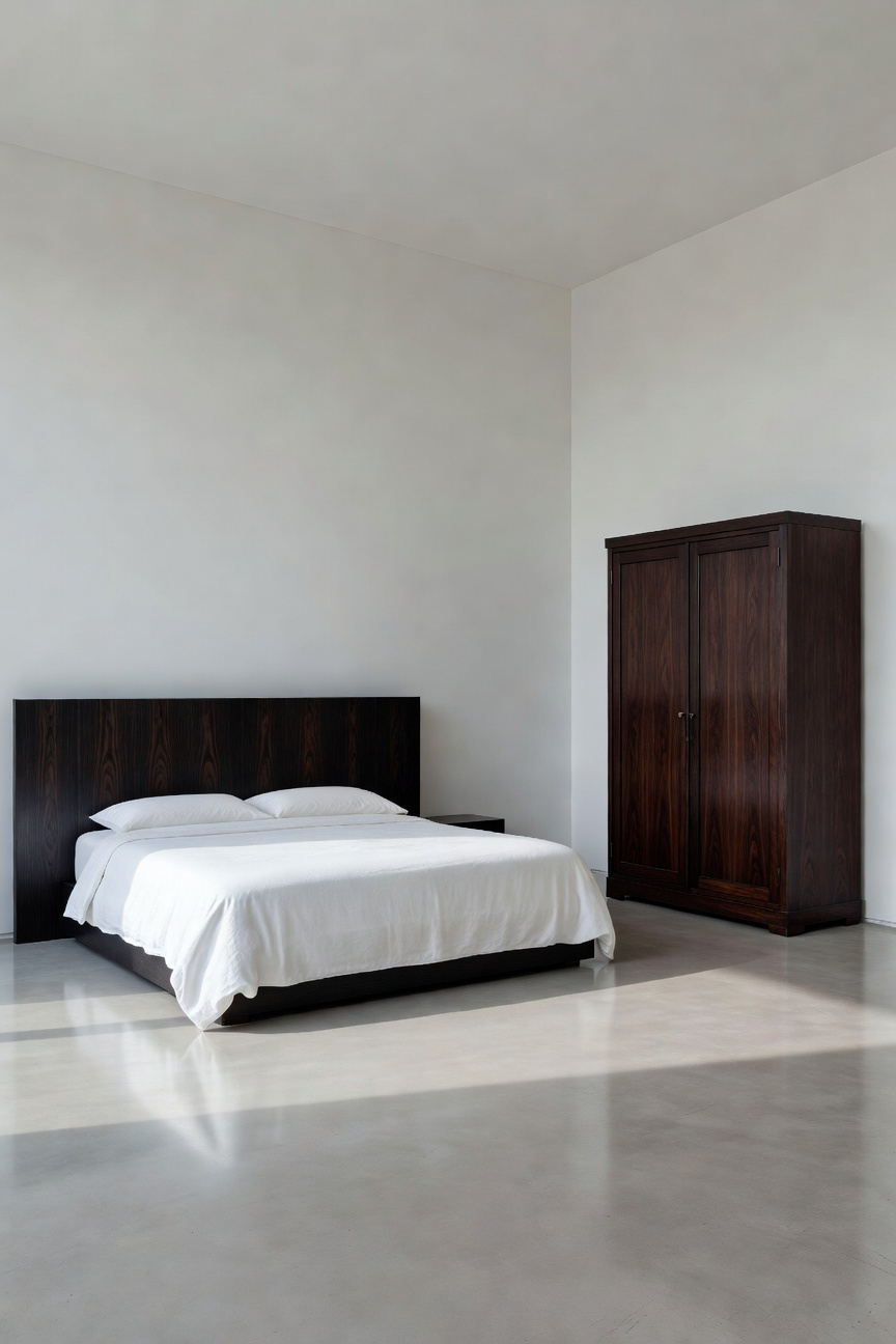 A spacious, minimalist bedroom featuring a heavy black walnut king bed and a large dark armoire, successfully balanced by extensive matte white walls and negative space to achieve a tranquil gallery aesthetic.