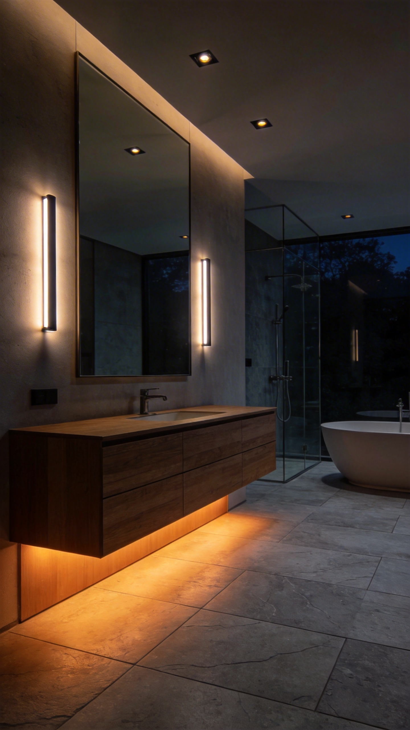Luxury bathroom interior at night showing layered lighting including amber toe-kick LEDs and soft backlit mirrors for circadian support.