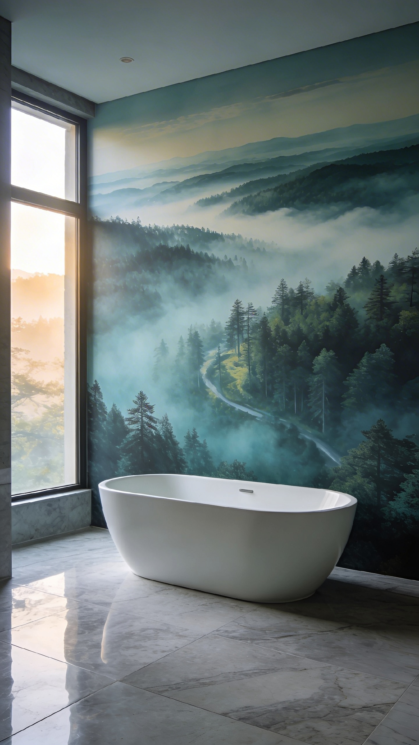 A modern bathroom featuring a large panoramic wallpaper mural of a misty forest that creates an illusion of infinite depth behind a white freestanding bathtub.