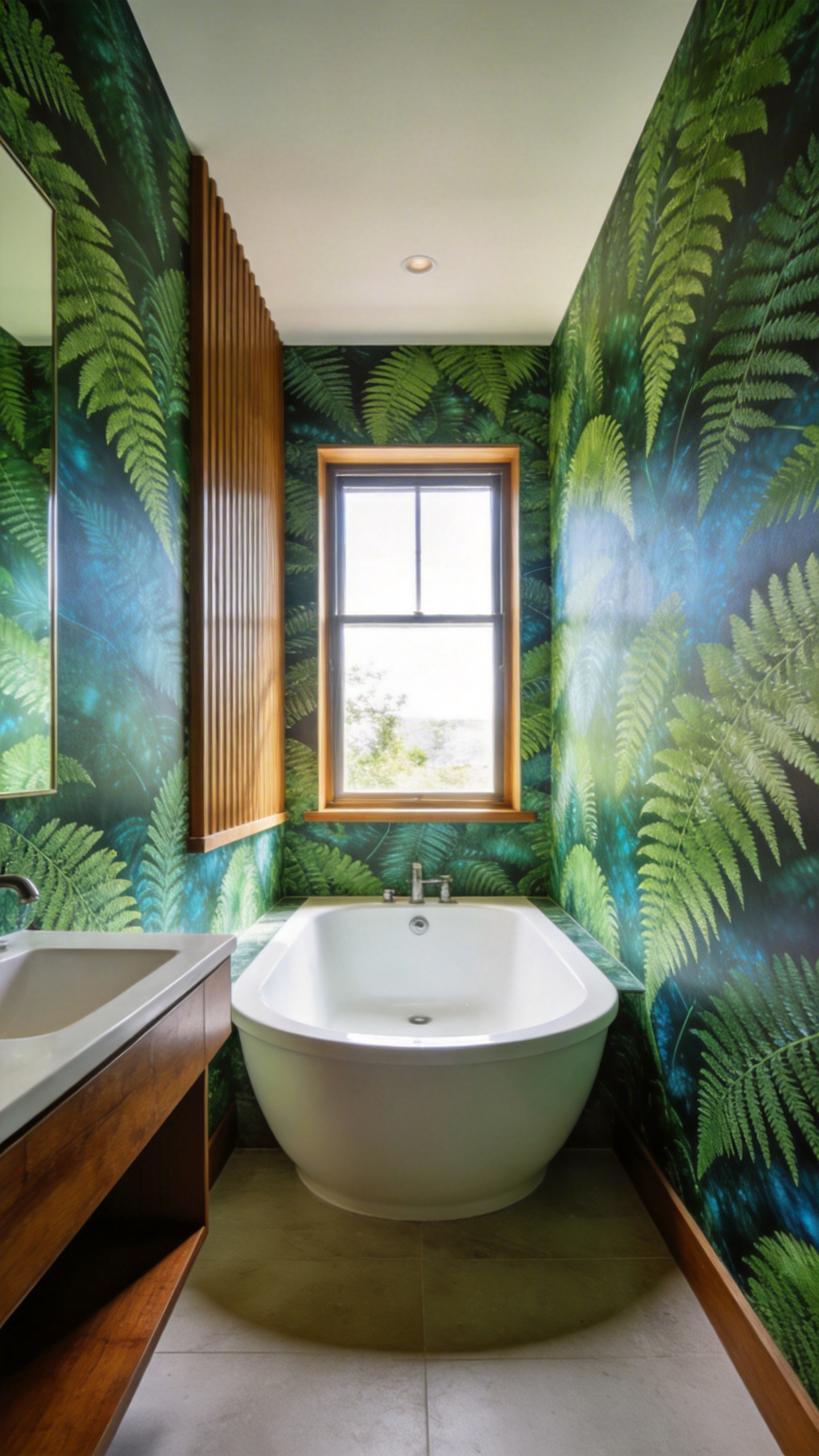 Modern bathroom featuring green botanical fractal wallpaper.