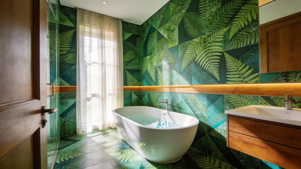 Modern bathroom featuring green botanical fractal wallpaper.
