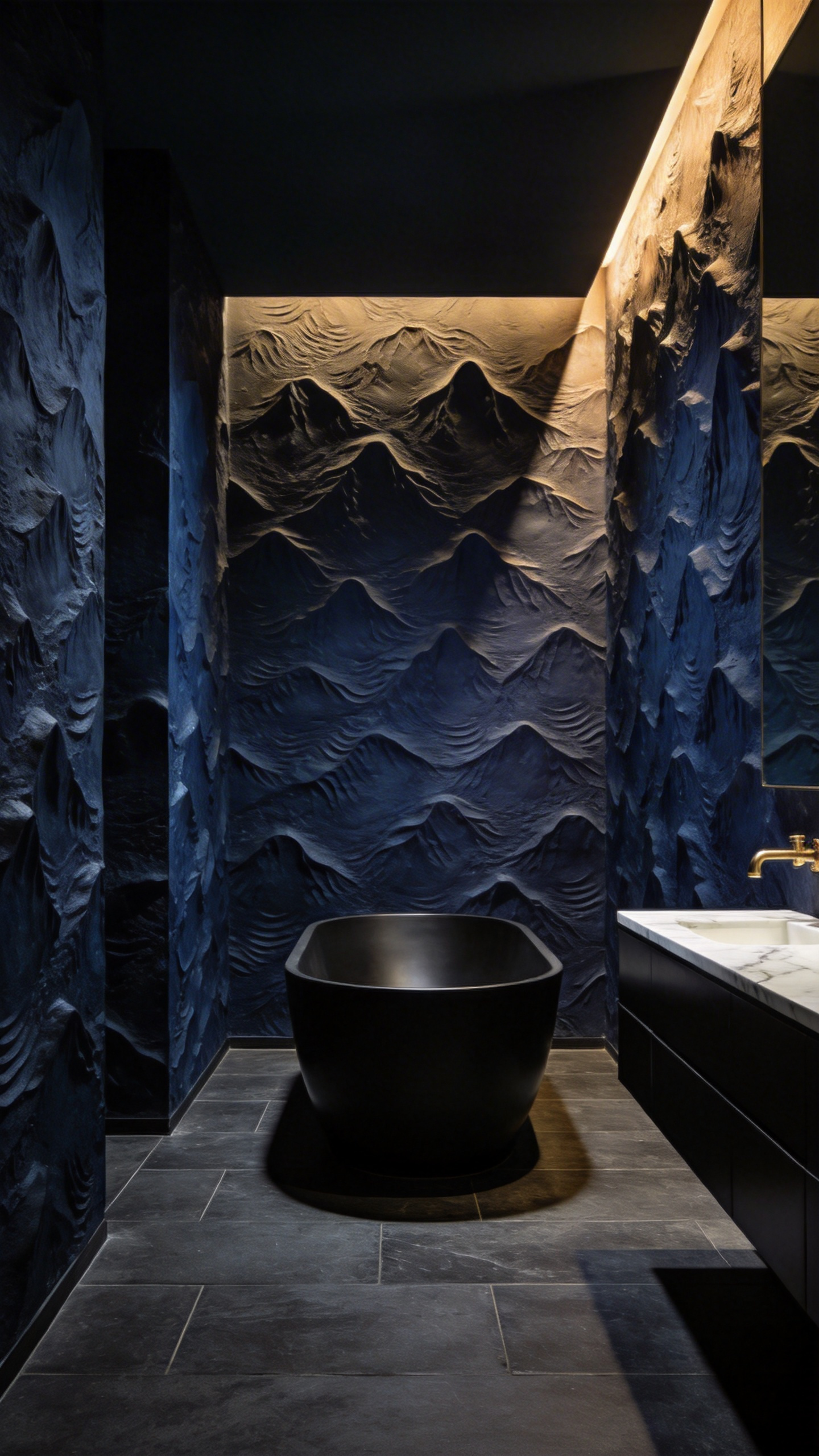 A modern bathroom featuring dark navy textured wallpaper with tonal relief patterns and a black freestanding bathtub.