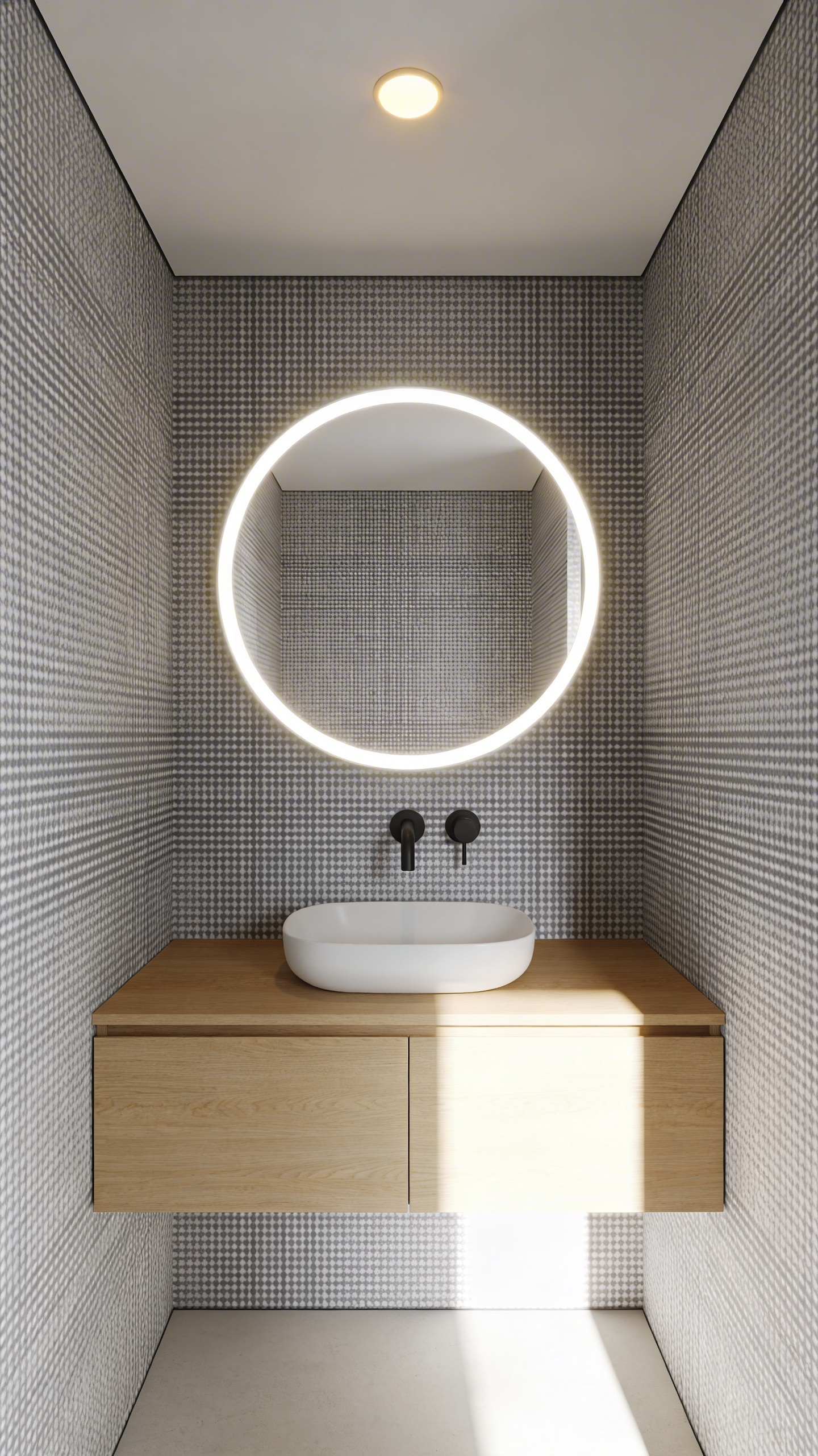 A modern small powder room featuring minimalist micro-grid wallpaper and a floating wooden vanity.