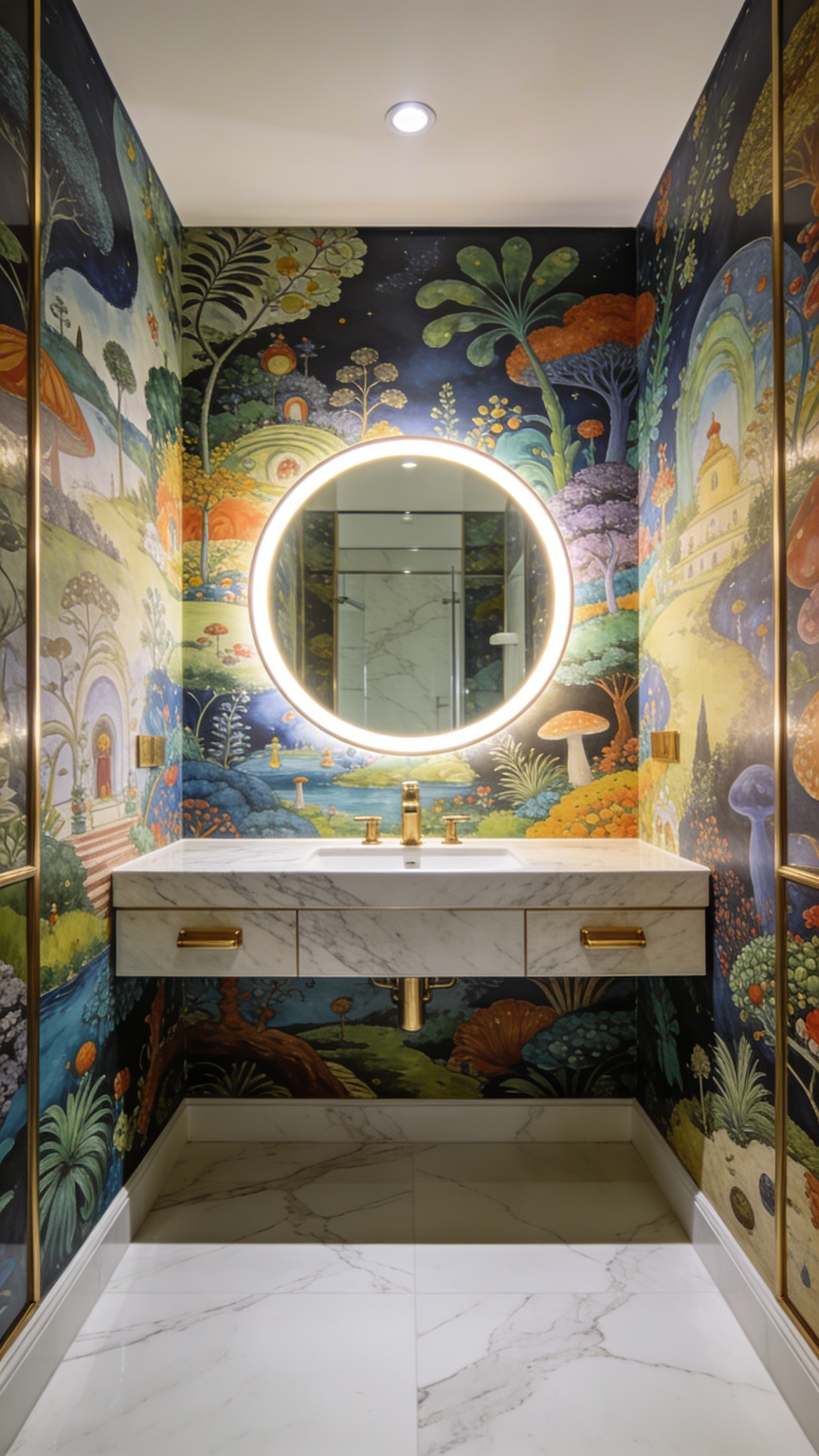 A modern powder room with intricate whimsical wallpaper and luxury gold accents.
