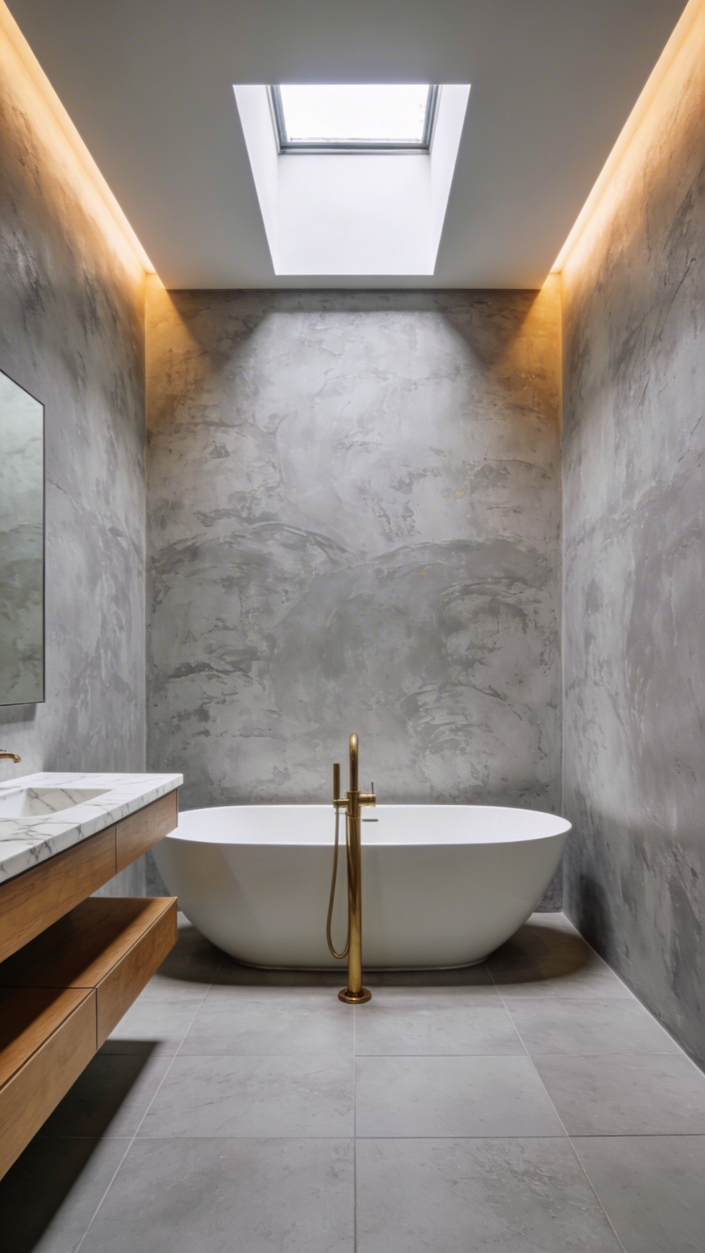 A modern luxury bathroom featuring textured Venetian plaster-style wallpaper in soft gray with a white freestanding tub and gold accents.