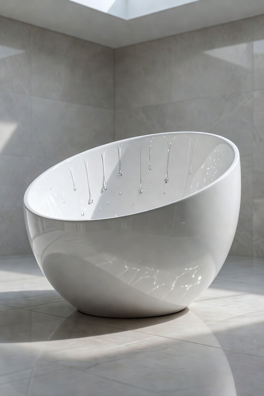 A modern, glossy white bathtub interior is visibly slick and wet, reflecting bright light intensely, illustrating the potential danger of insufficient friction on aesthetically smooth bathroom fixtures.