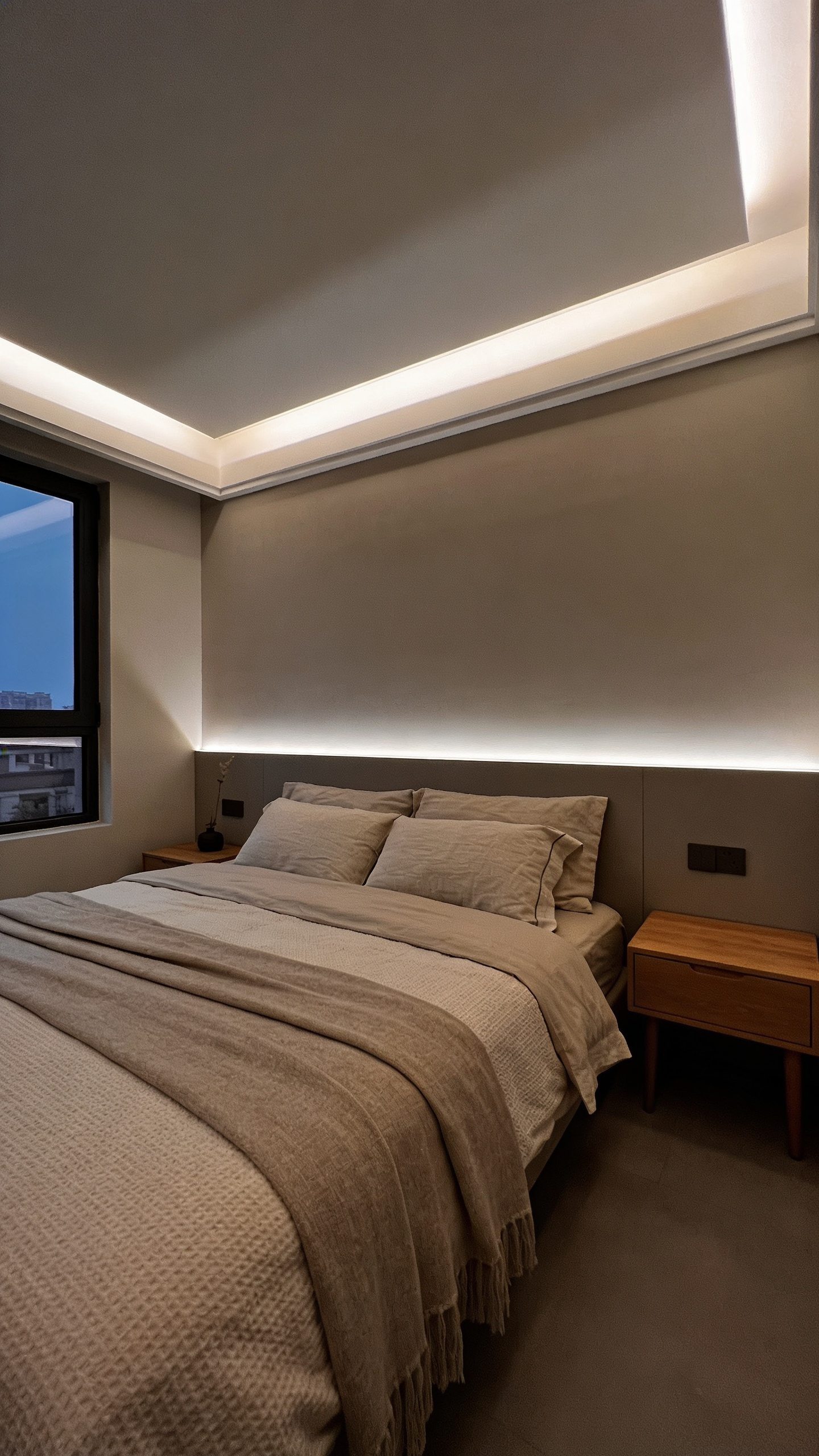 A modern bedroom interior illuminated by soft, dimmable foundational lighting that provides an even ambient wash across the walls and ceiling.