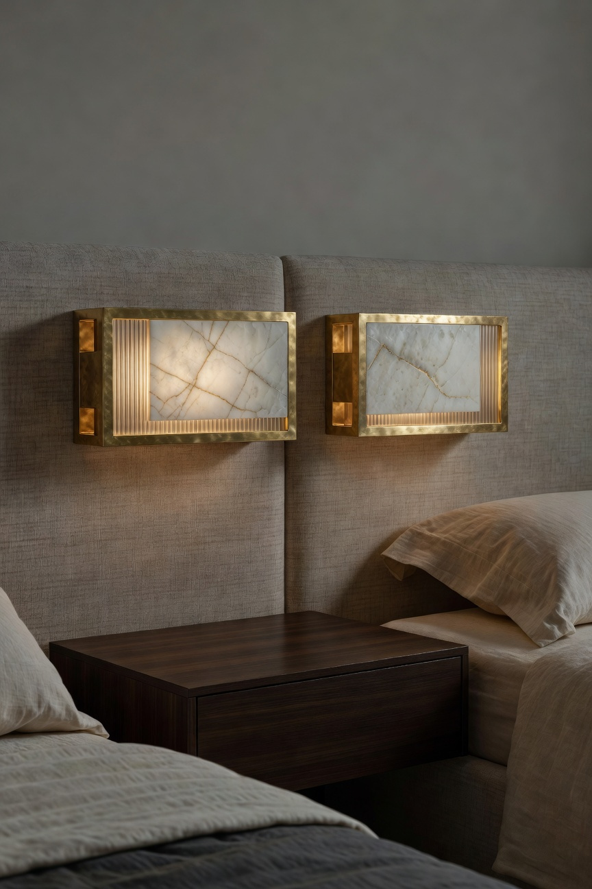 Symmetrical architectural wall sconces crafted from hand-cast solid brass and genuine alabaster functioning as permanent art installations in a luxurious, modern bedroom setting.