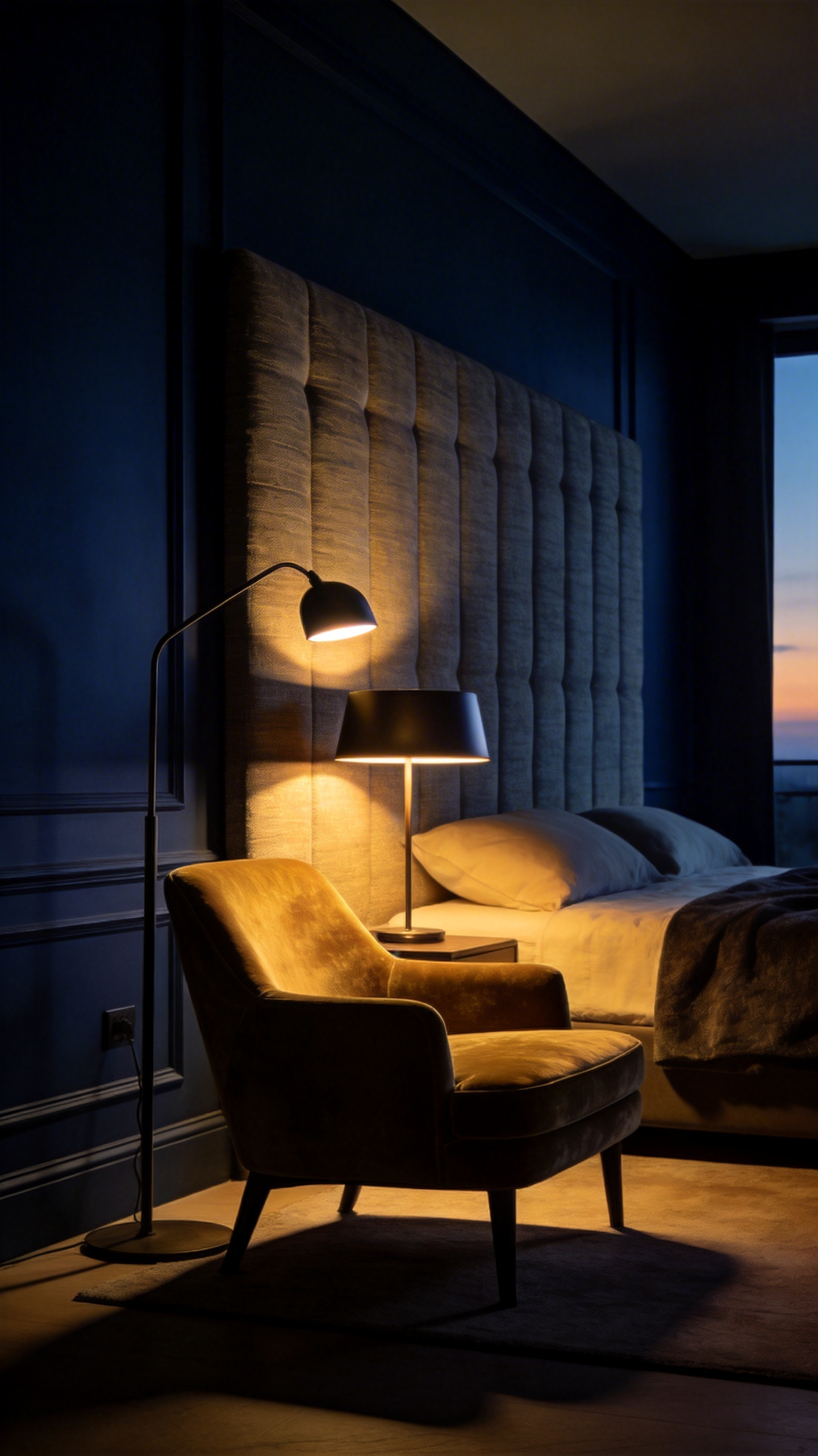 A cozy bedroom with focused warm lighting on a textured headboard and reading chair while the rest of the room stays in shadow.