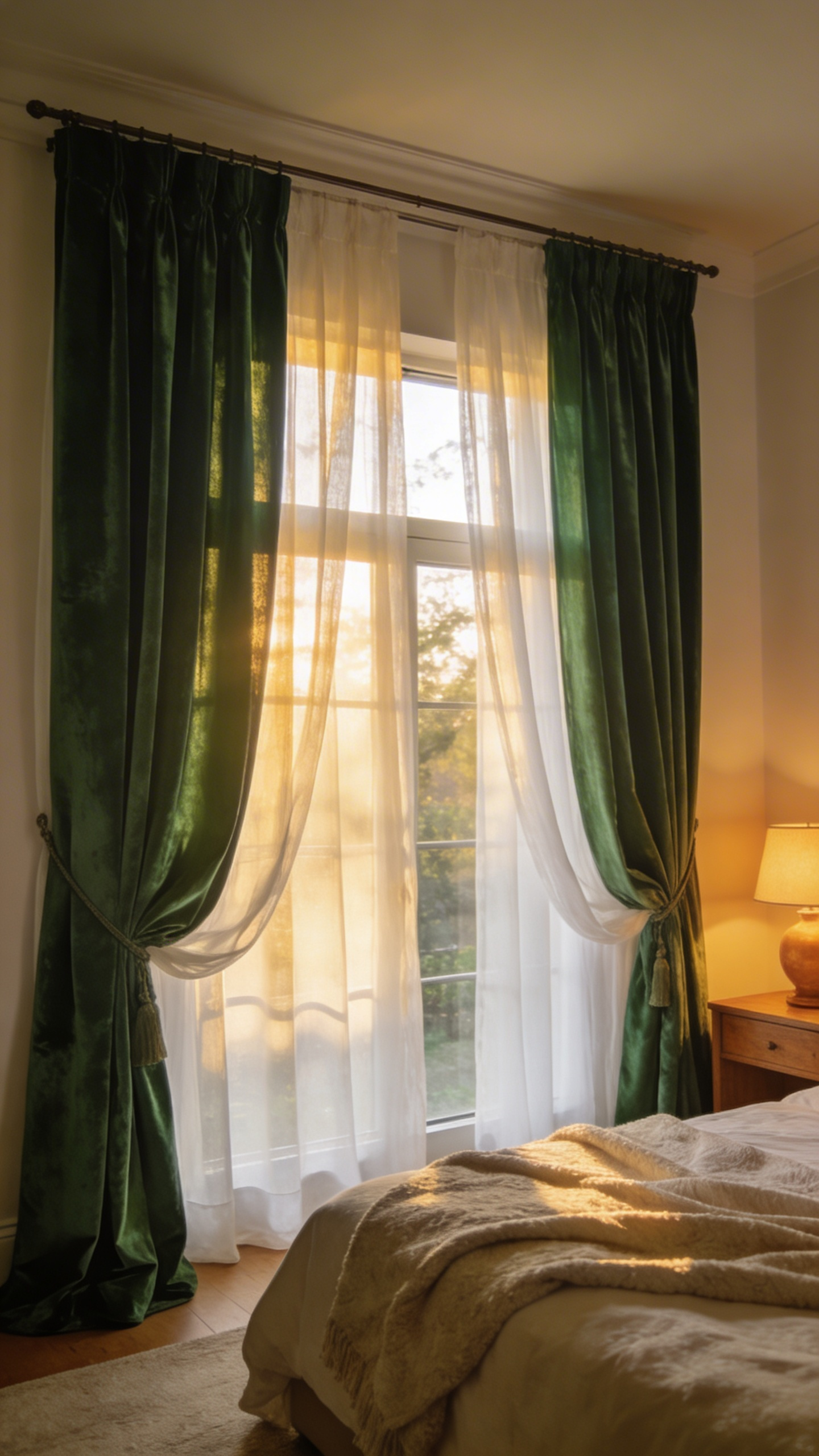 A cozy bedroom with layered window treatments including sheer white curtains and heavy green velvet drapes for privacy control.