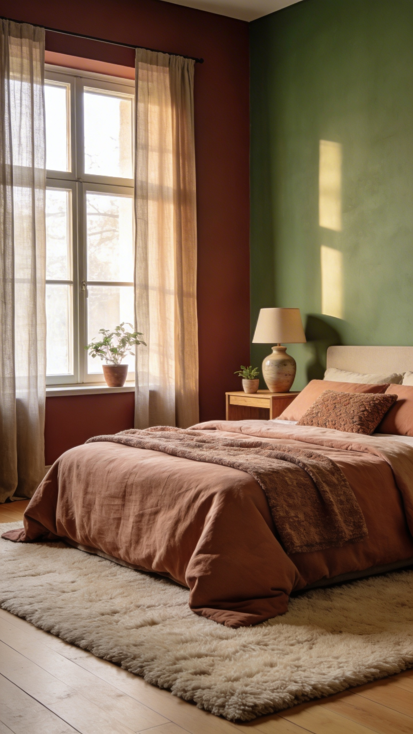 A cozy bedroom with terracotta and sage green walls, mushroom-colored linen bedding, and soft natural lighting.