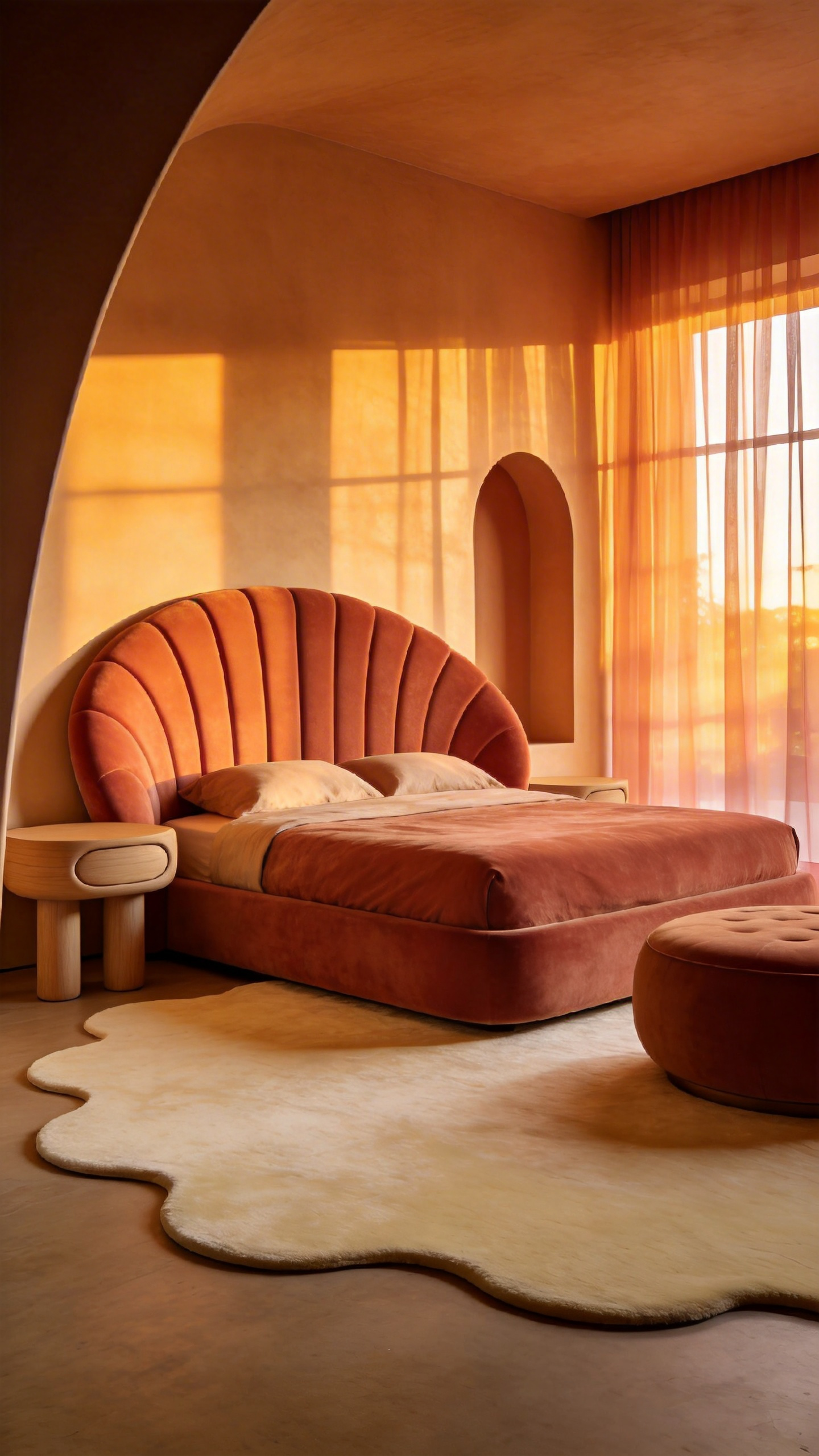 A cozy bedroom layout with curved furniture, including a rounded velvet headboard and circular bedside tables, designed to lower cortisol and promote rest.