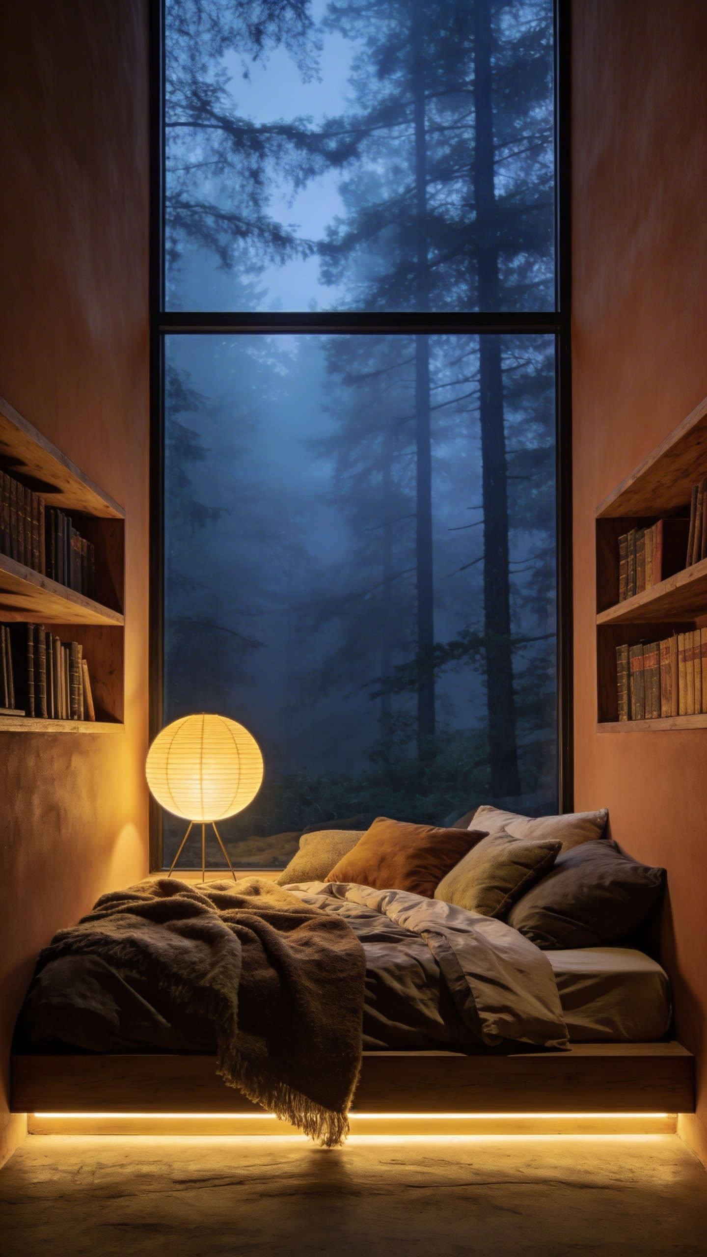 A cozy bedroom inspiration featuring a nest-like bed with thick blankets and warm lighting, designed as a psychological refuge with a view of a misty forest.
