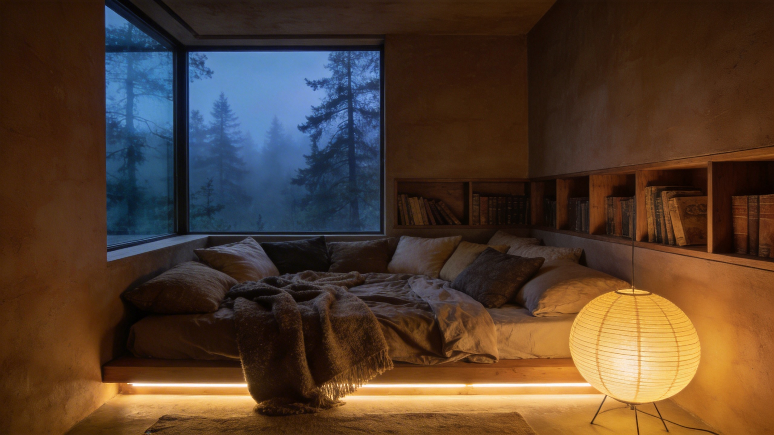 A cozy bedroom inspiration featuring a nest-like bed with thick blankets and warm lighting, designed as a psychological refuge with a view of a misty forest.