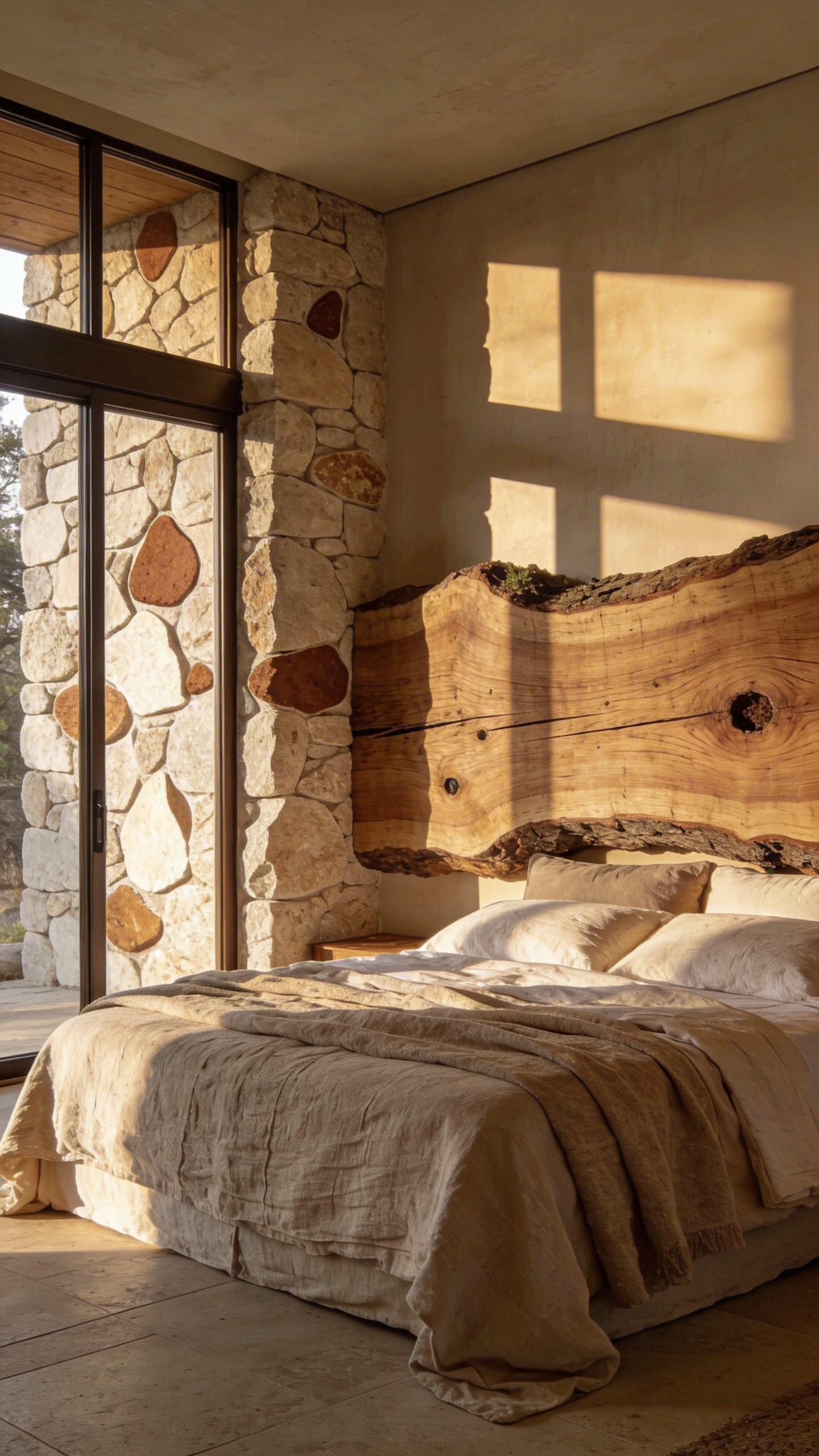 A cozy bedroom interior featuring a raw wood headboard and a natural stone accent wall illuminated by soft sunlight.