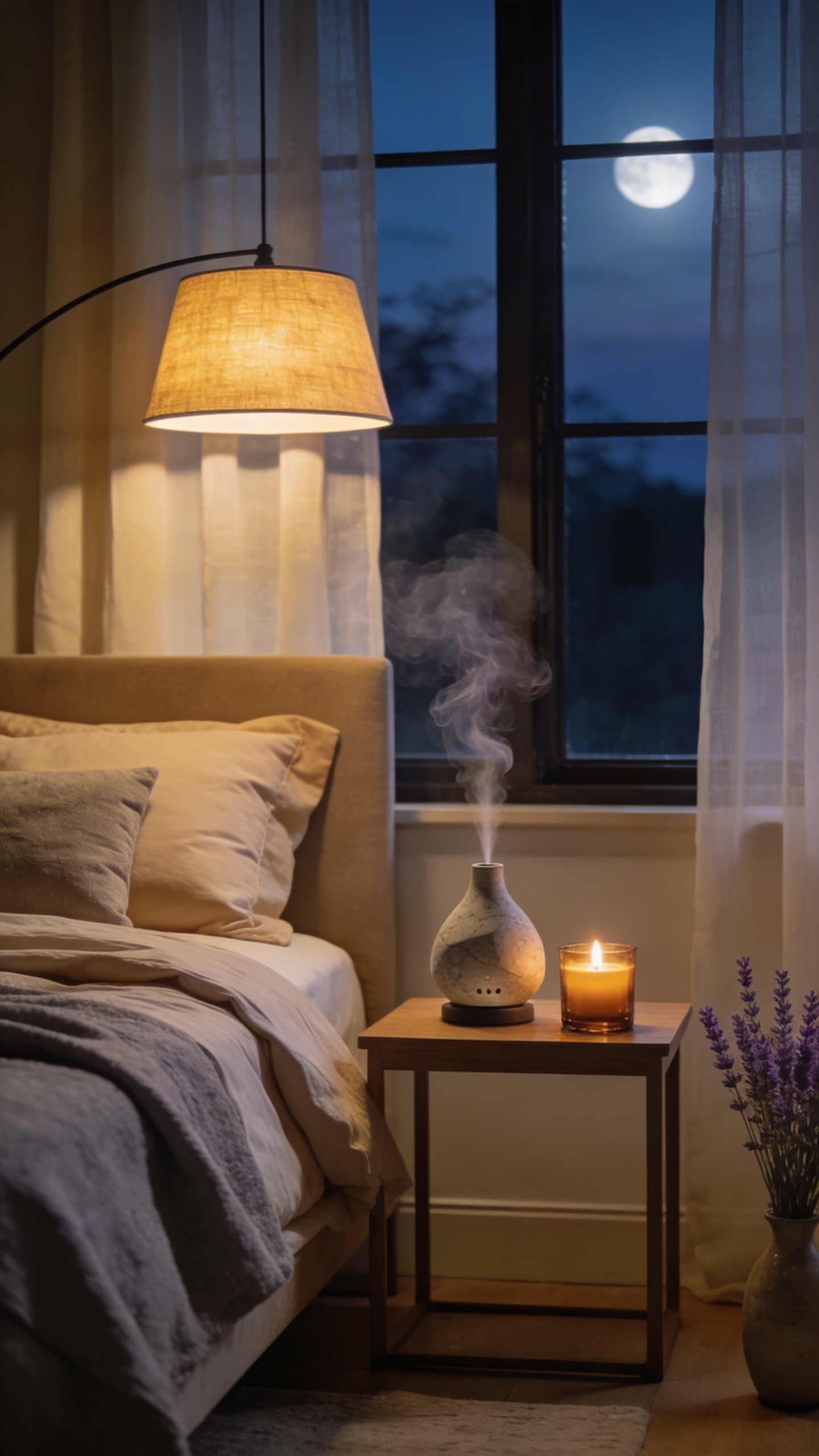 A cozy bedroom sanctuary at night featuring a stylish essential oil diffuser and warm lighting for a relaxing atmosphere.