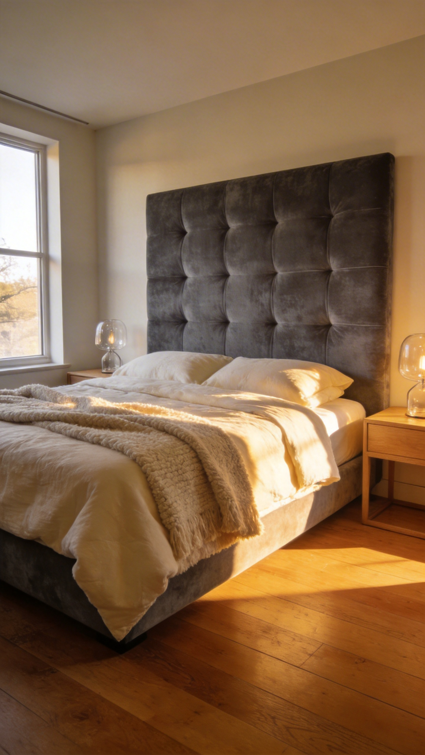 A cozy bedroom interior featuring an oversized charcoal grey headboard that creates a sense of spatial grounding and psychological security.